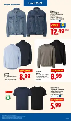LIDL - Prévisualisation de Livergy® Veste en jean, Du S au XL selon modèle. Ex. 100% coton (80% bio, 20% recyclé). L'unité au choix. n°473090 valide à partir de 19.02.2026 | Page: 61 | Produits: Coton, Chemise, Veste, Veste en jean