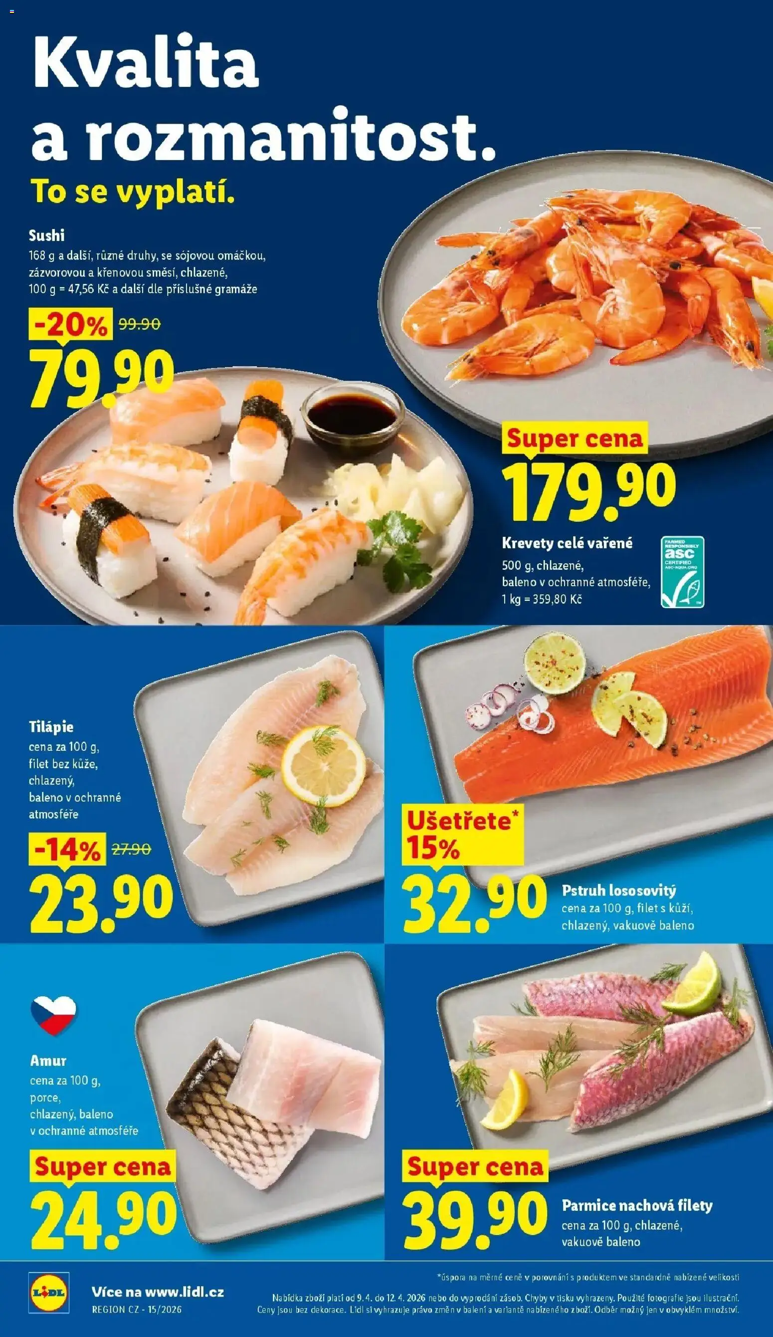 Lidl aktuální leták od 09.04.2026 | Strana: 10 | Produkty: Tilapie, Sushi, Filet, Krevety