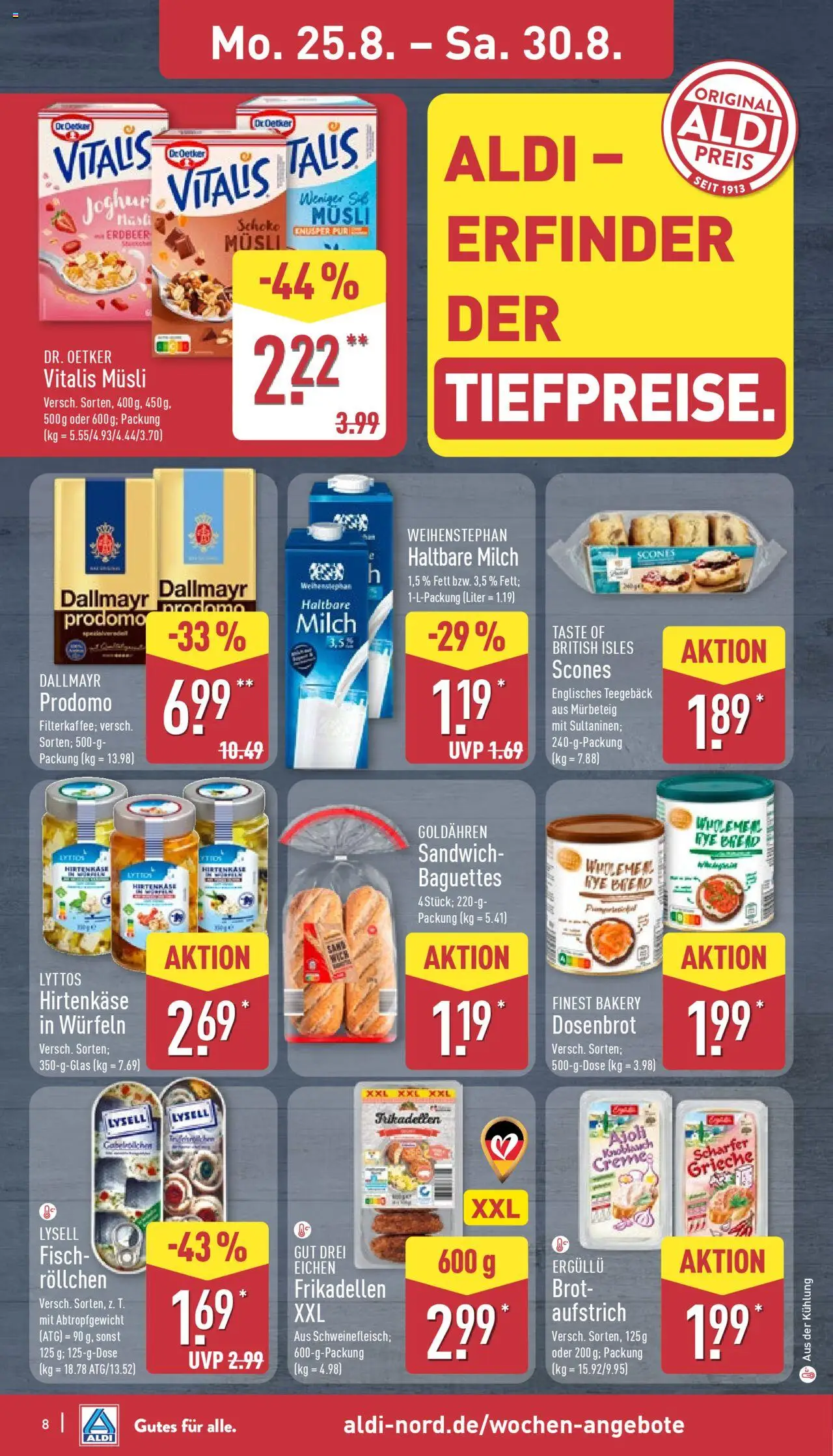 Aldi Prospekt 	 - gültig ab dem 25.08.2025 | Seite: 8 | Produkte: Haltbare milch, Fisch, Dallmayr, Brot