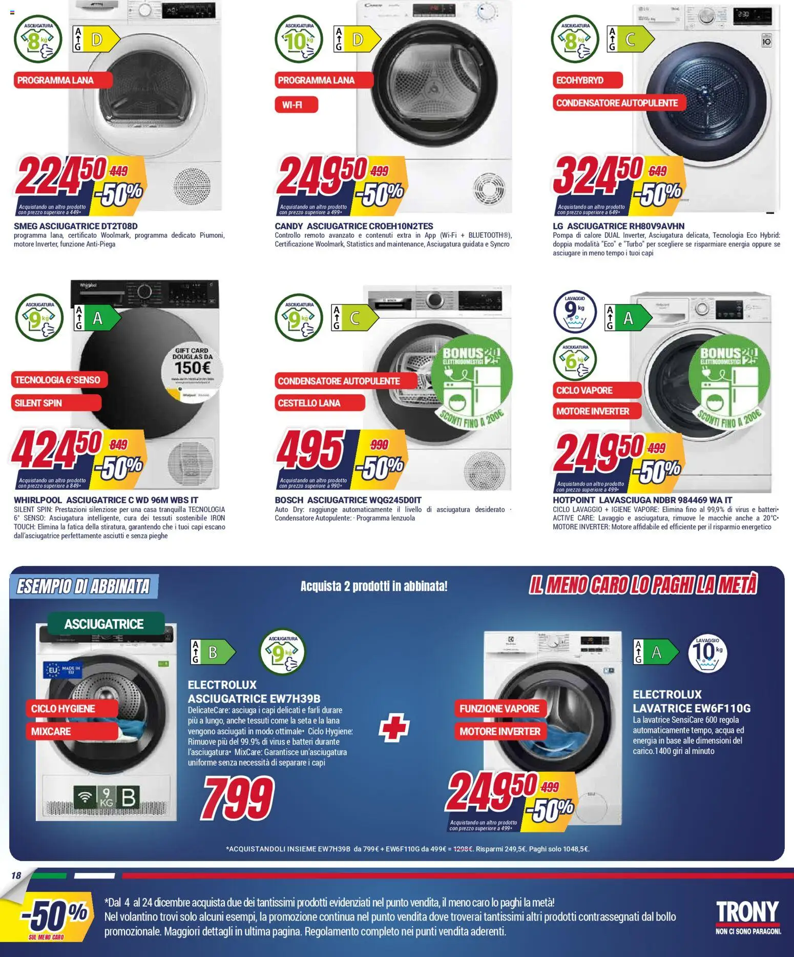 Volantino Trony del 04.12.2025 | Pagina: 18 | Prodotti: Lavasciuga, Acqua, Lavatrice, Asciugatrice