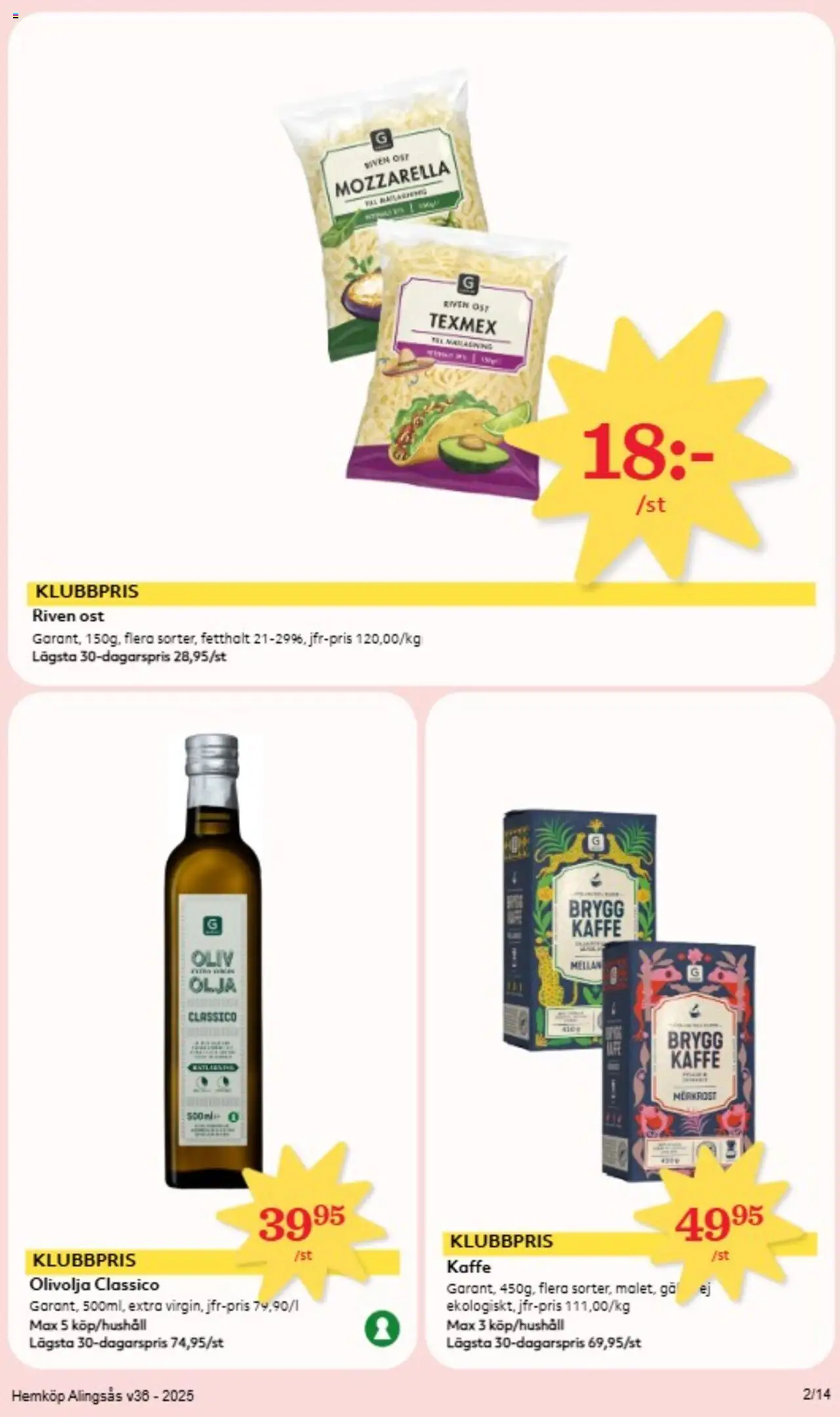 Hemköp reklamblad aktuell från 01.09.2025 | Sida: 2 | Produkter: Riven ost, Olivolja, Ost, Kaffe