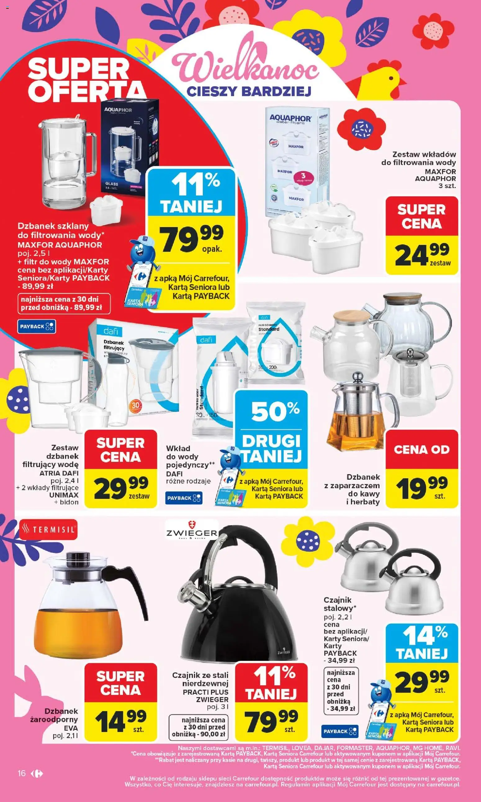 Carrefour gazetka - Łap Wielkanocne okazje od 16.03.2026 | Strona: 16 | Produkty: Karta, Dzbanek, Filtr do wody, Czajnik