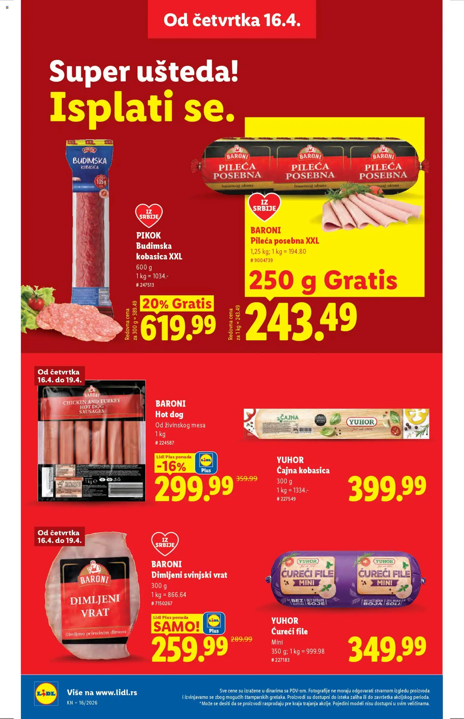 Lidl katalog - važi od 16.04.2026 | Strana: 20 | Proizvode: Budimska kobasica, Svinjski vrat, Hot dog, Kobasica