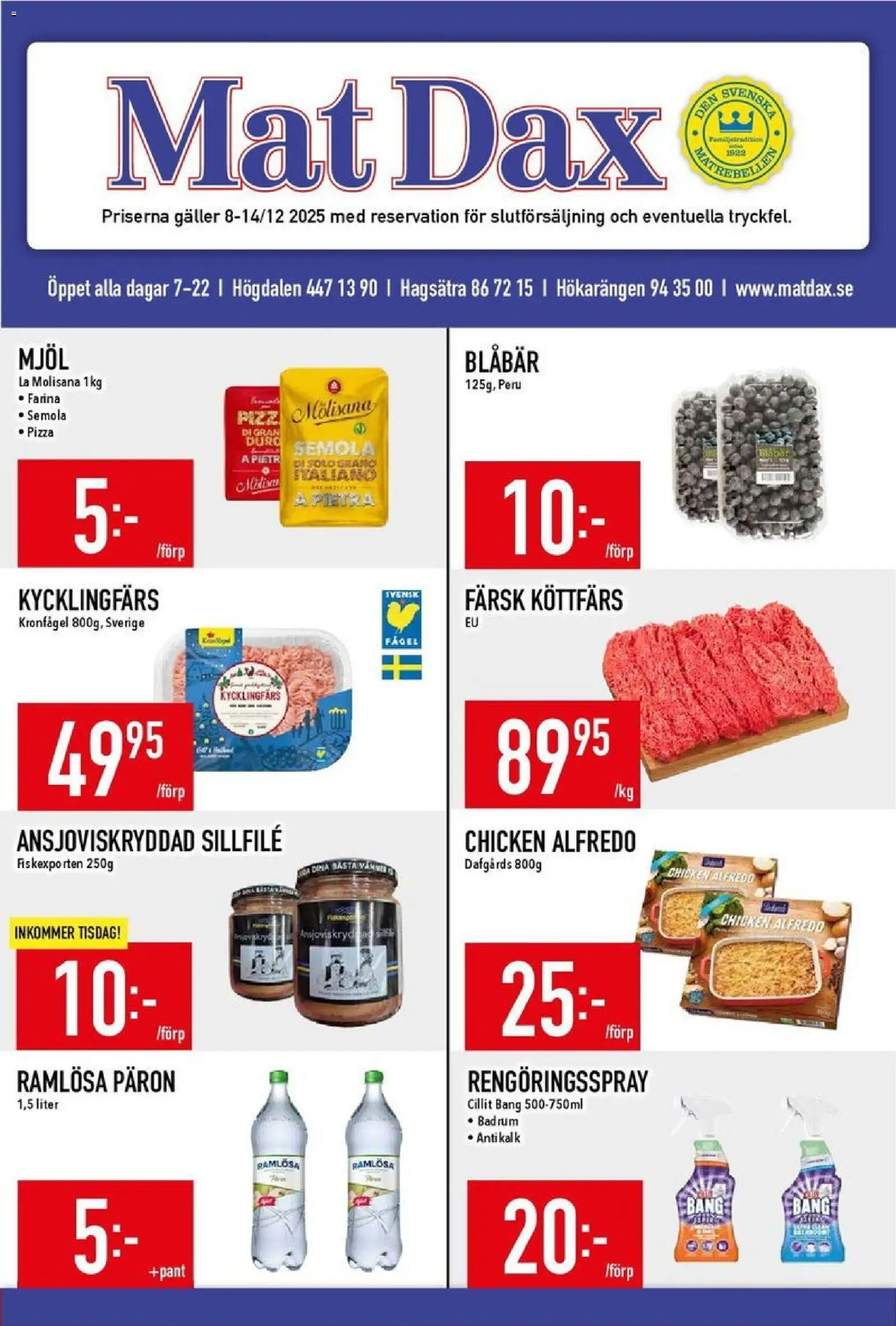 Matdax reklamblad aktuell från 08.12.2025 | Sida: 1 | Produkter: Galler, Rengöringsspray, Pizza, Blåbär