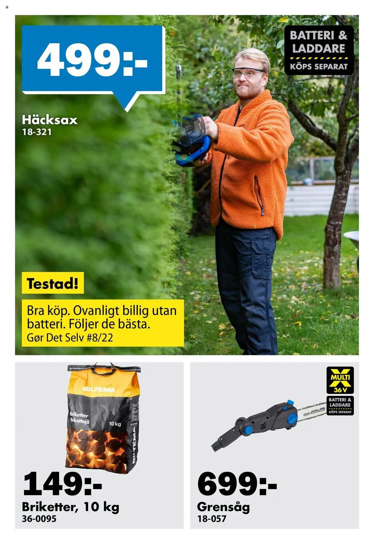 Biltema reklamblad aktuell från 01.08.2025 | Sida: 2 | Produkter: Häcksax, Briketter, Batteri, Laddare