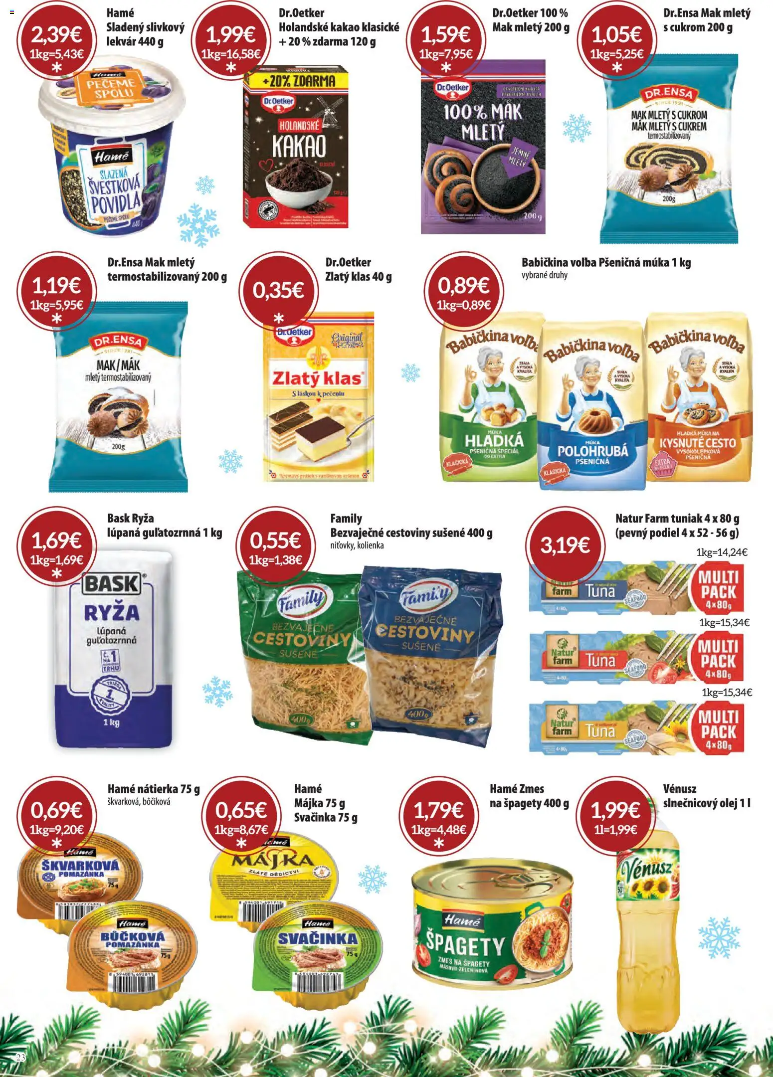 Nové CBA Komfos akcie – leták je platný od 01.12.2025 | Strana: 23 | Produkty: Olej, Hladká múka, Špagety, Kakao