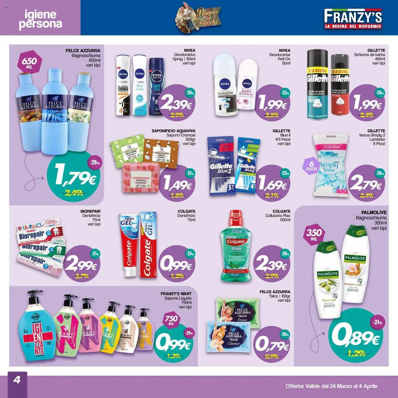 Volantino Franzy's del 24.03.2026 | Pagina: 4 | Prodotti: Schiuma da barba, Sapone, Collutorio, Latte