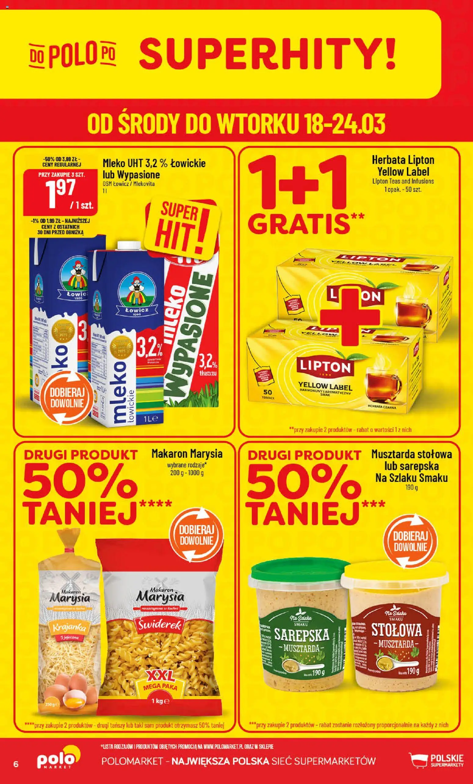 POLOmarket gazetka od 18.03.2026 | Strona: 6 | Produkty: Musztarda, Herbata lipton, Mleko, Makaron