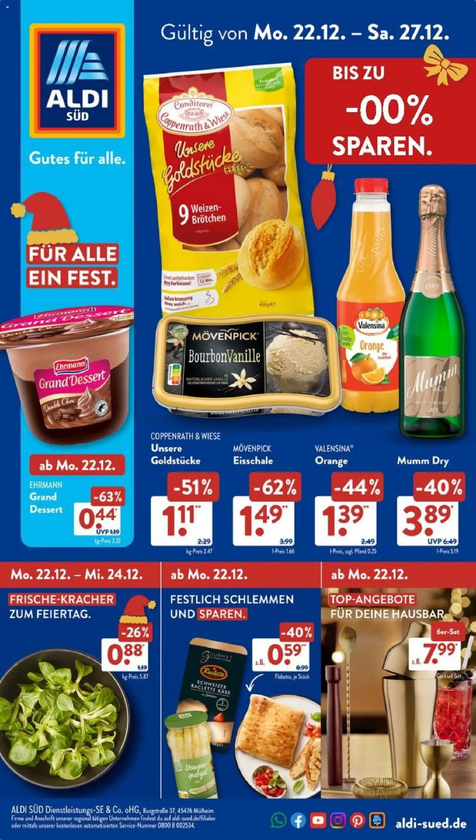 Aldi Süd Prospekt 	 – gültig ab 22.12.2025 | Seite: 1 | Produkte: Käse, Ehrmann grand dessert, Valensina, Raclette
