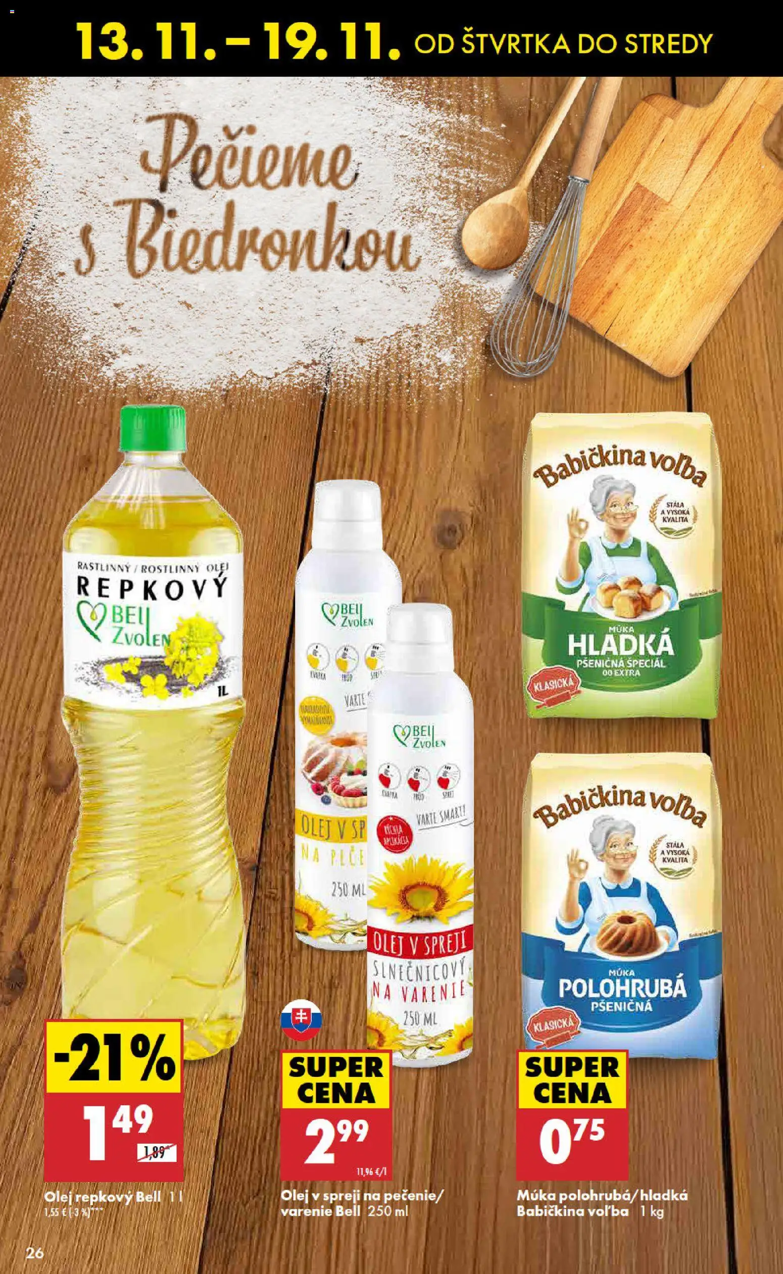 Nové Biedronka akcie – leták je platný od 13.11.2025 | Strana: 26 | Produkty: Olej, Múka