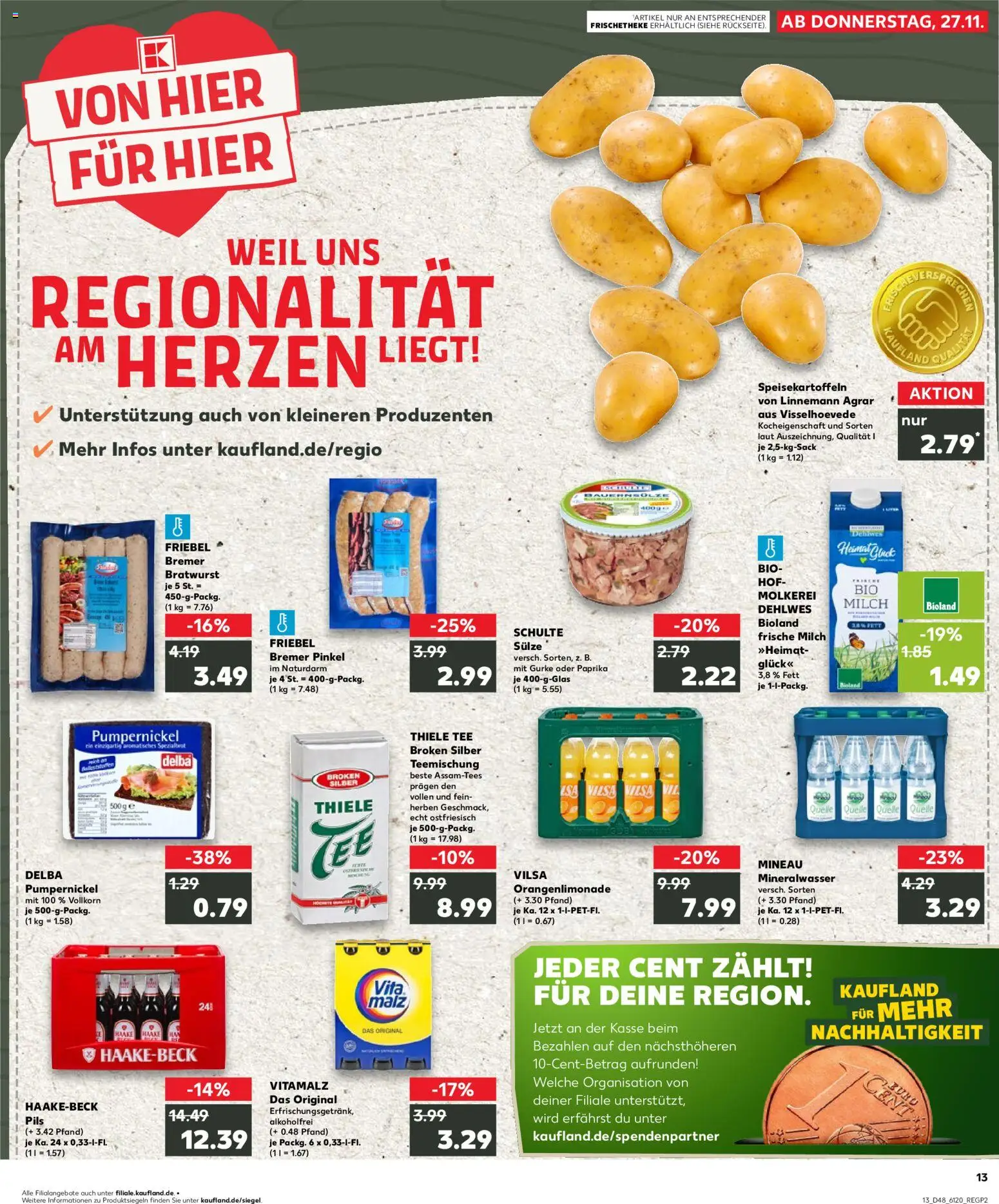 Kaufland prospekt Bremen	 – gültig ab 27.11.2025 | Seite: 13 | Produkte: Milch, Bratwurst, Mineralwasser, Tee