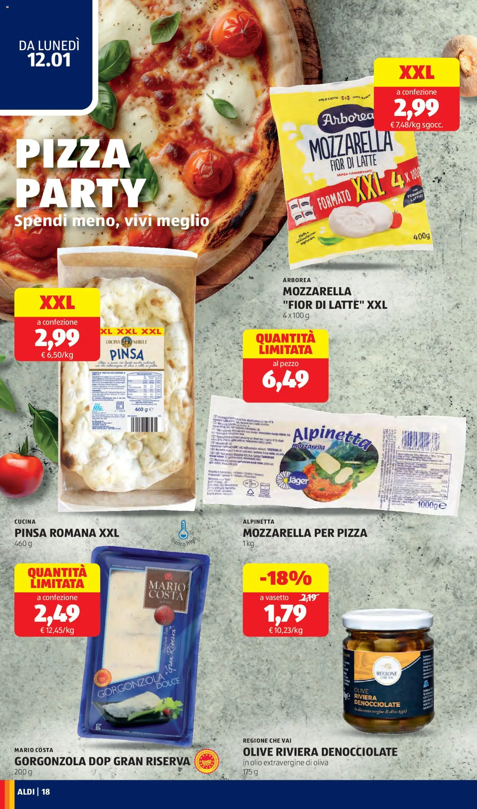 Volantino Aldi del 12.01.2026 | Pagina: 18 | Prodotti: Pizza, Olive, Olio extra vergine, Gorgonzola