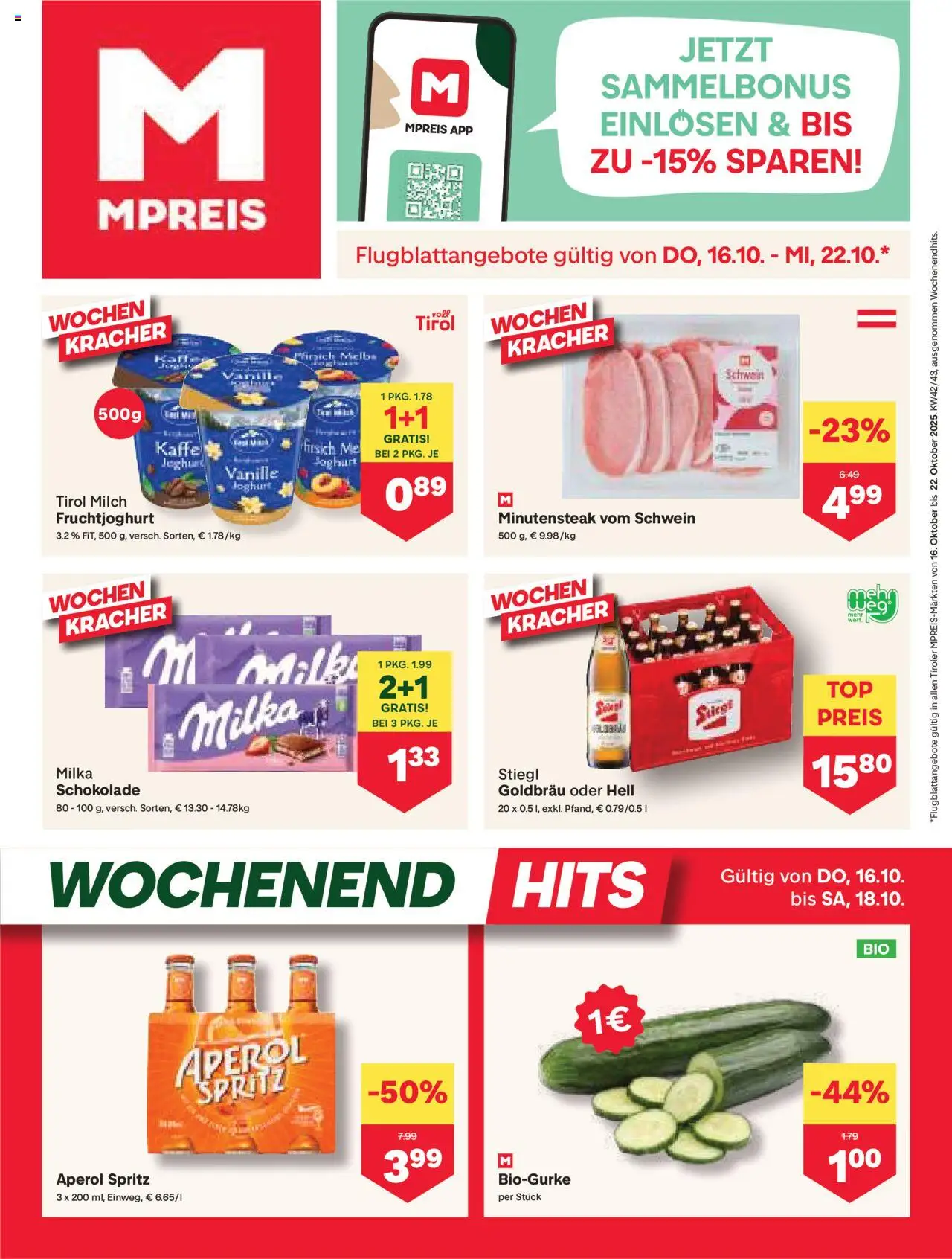 MPREIS Flugblatt gültig ab 16.10.2025 | Seite: 1 | Produkte: Pfirsich, Milch, Joghurt, Schokolade