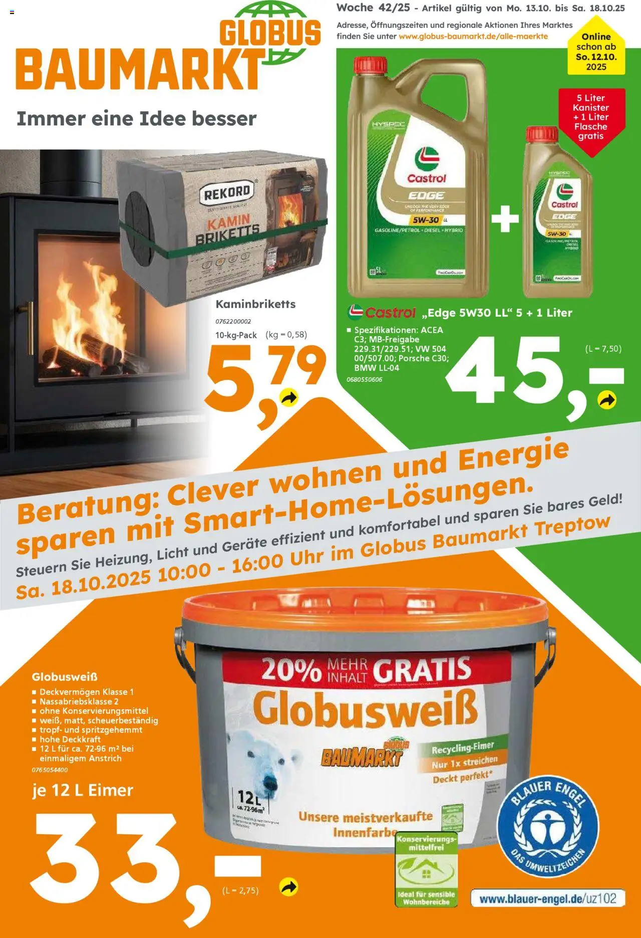 Globus Baumarkt Prospekt 	 – gültig ab 13.10.2025 | Seite: 1 | Produkte: Kamin, Uhr
