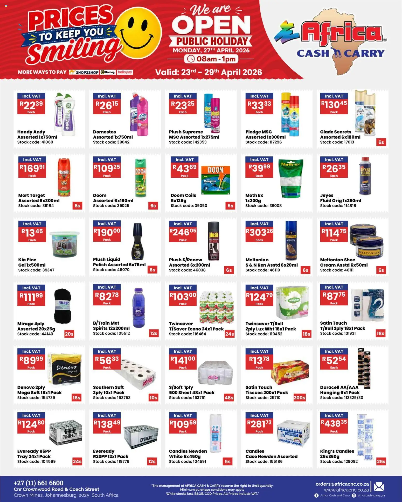 New Africa Cash & Carry catalogue – valid from 23.04.2026 | Page: 12 | Products: Tray, Cream, Stock, Tissues