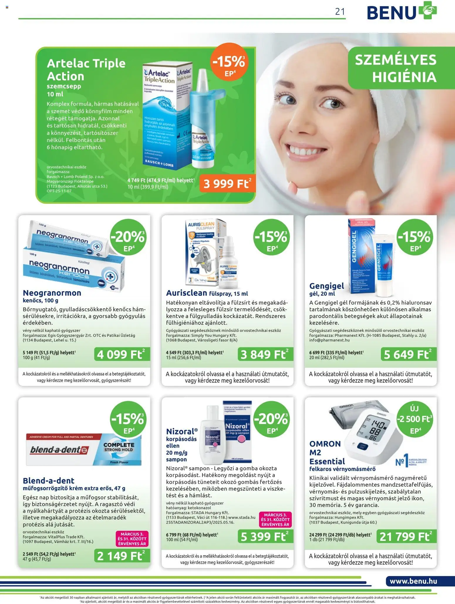 BENU Gyógyszertárak akciós ujság - amely érvényes a következő dátumtól: 01.03.2026 | Oldal: 21 | Termékek: Vérnyomásmérő, Ragasztó, Gomba, Sampon