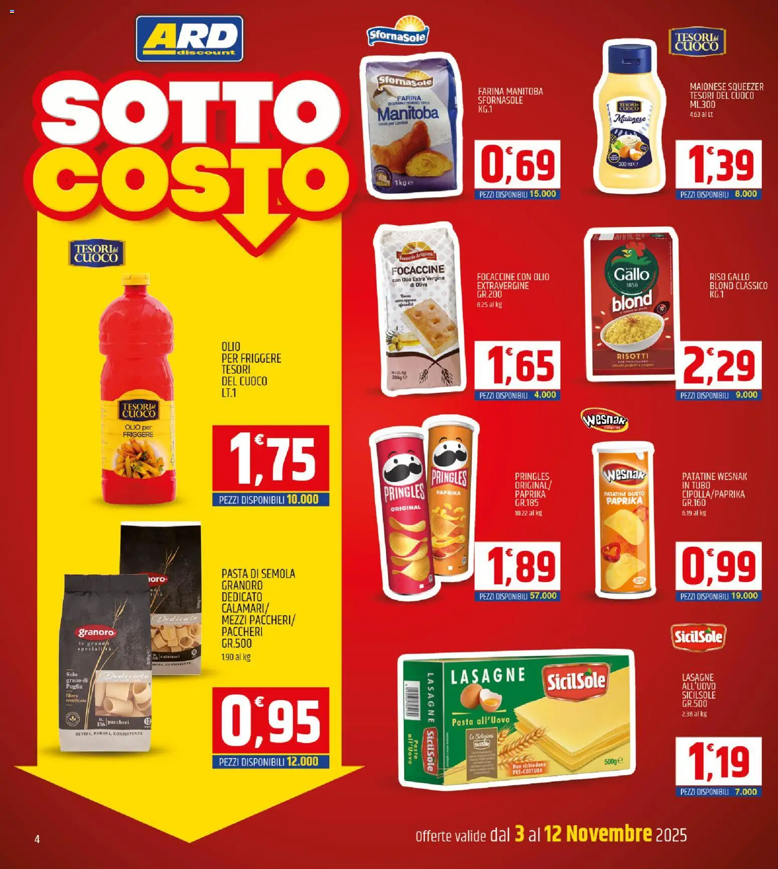 Volantino ARD Discount del 03.11.2025 | Pagina: 4 | Prodotti: Patatine, Pasta, Olio extra vergine, Olio per friggere