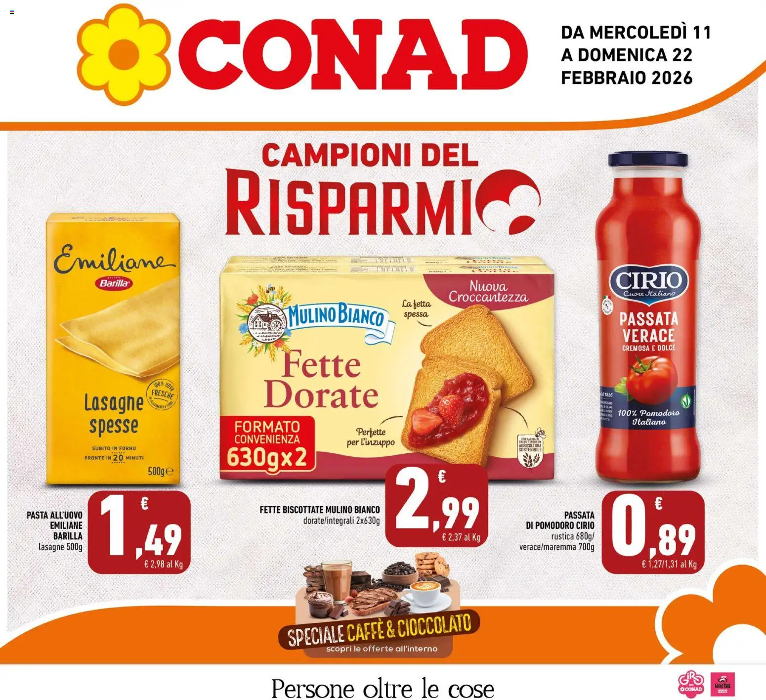 Volantino Conad del 11.02.2026 | Pagina: 1 | Prodotti: Caffè, Pasta, Crackers, Forno