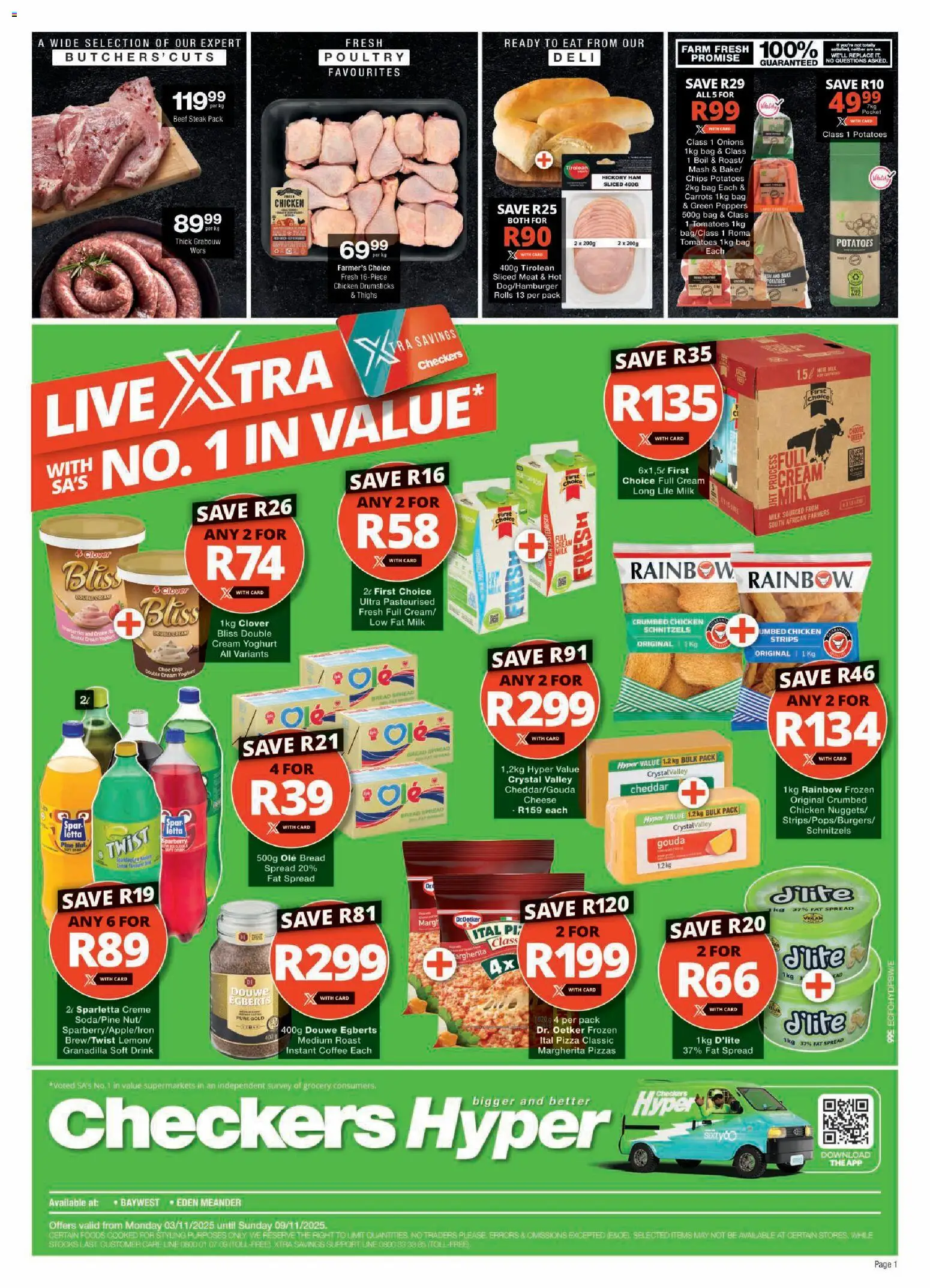 New Checkers catalogue – valid from 03.11.2025 | Page: 1 | Products: Cheese, Pizza, Chicken, Cream