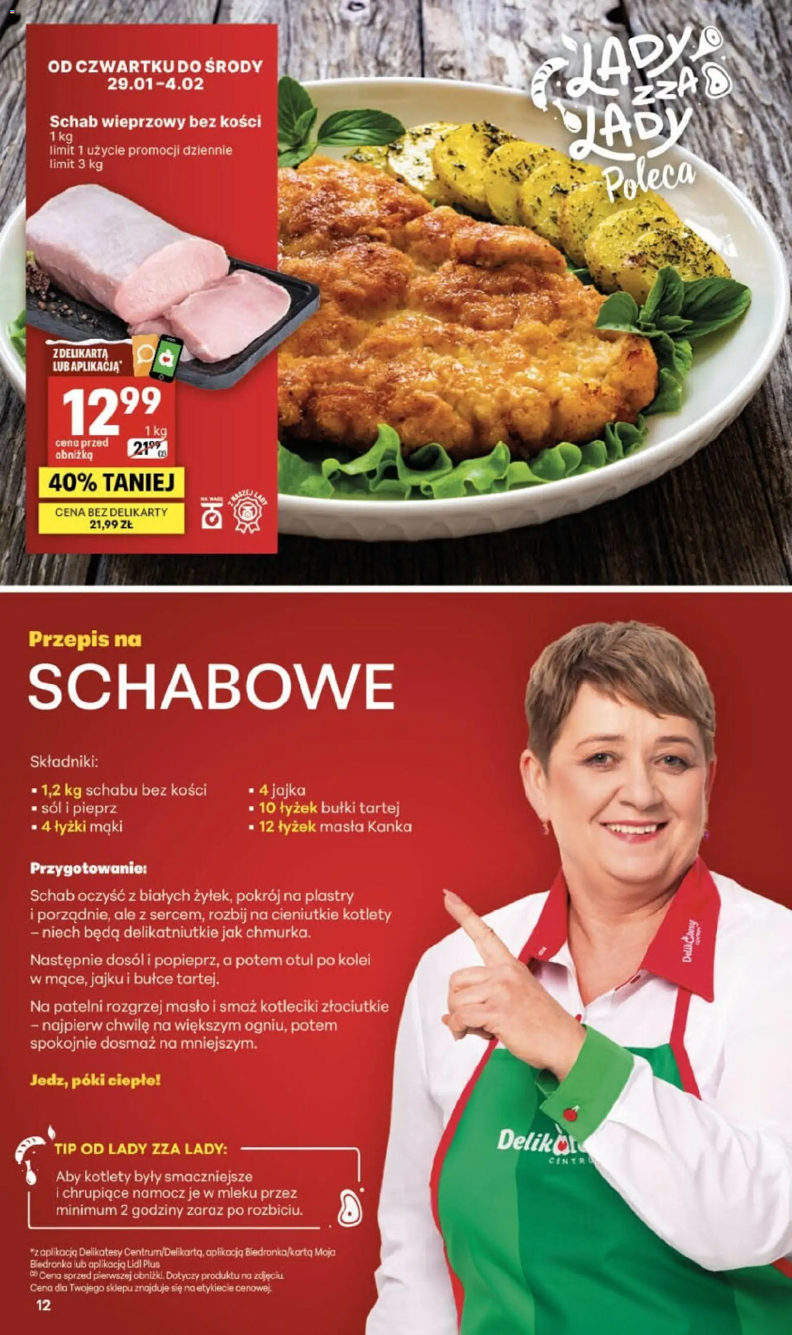 Delikatesy Centrum Gazetka - Sklepy Własne od 29.01.2026 | Strona: 12 | Produkty: Schab wieprzowy, Delikatesy, Jajka, Kotlety