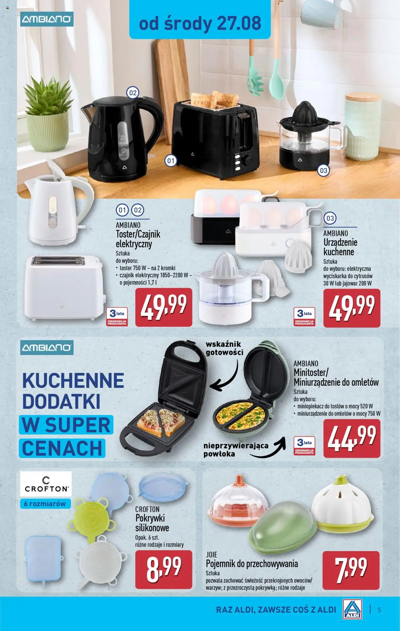 Aldi Gazetka - Hity od Środy i od Soboty od 27.08.2025 | Strona: 5 | Produkty: Czajnik, Toster, Wyciskarka