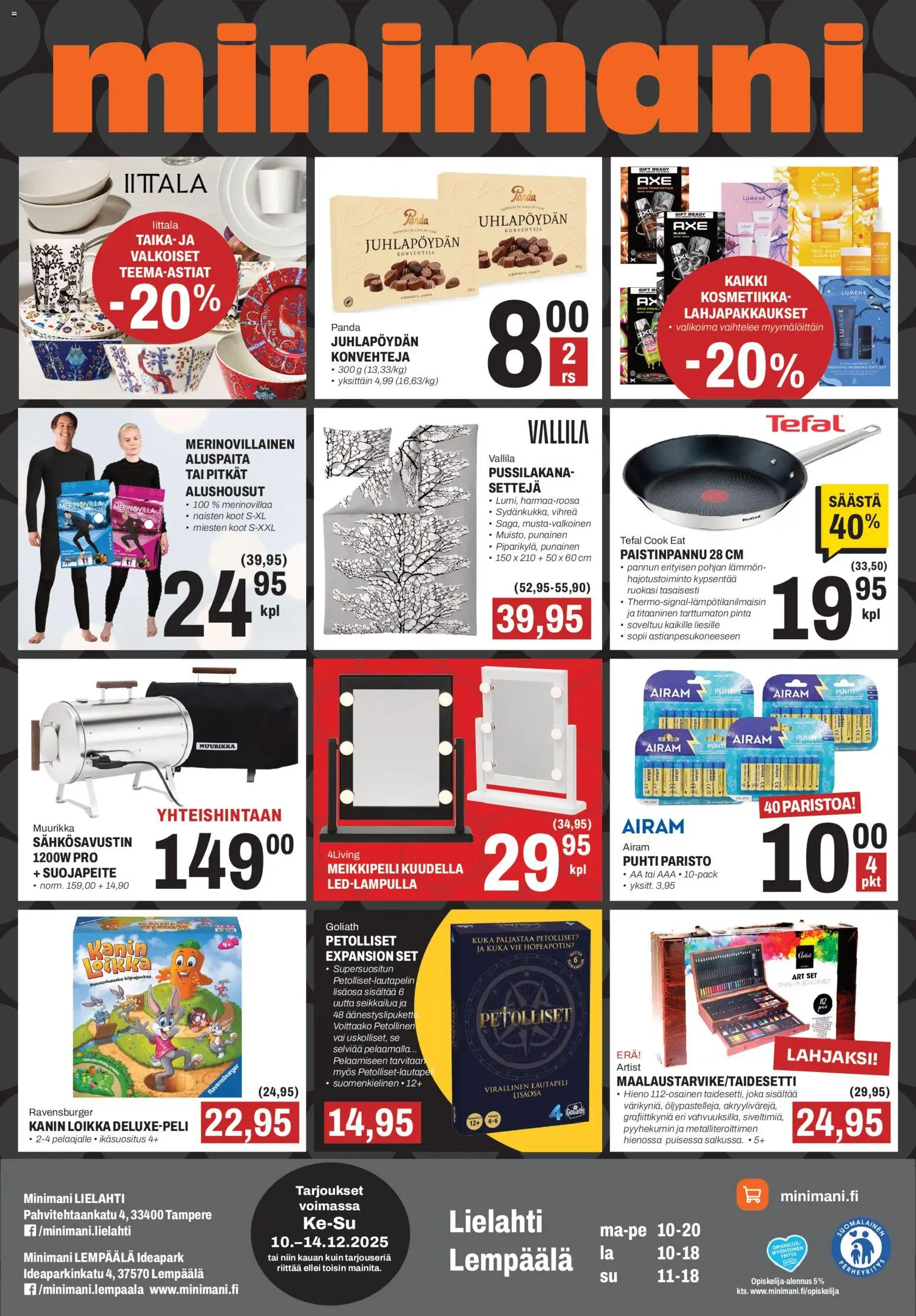 Minimani Tarjoukset - Lempäälä / Tampere – voimassa 10.12.2025 alkaen | Sivu: 1 | Tuotteet: Meikkipeili, Paistinpannu, Alushousut
