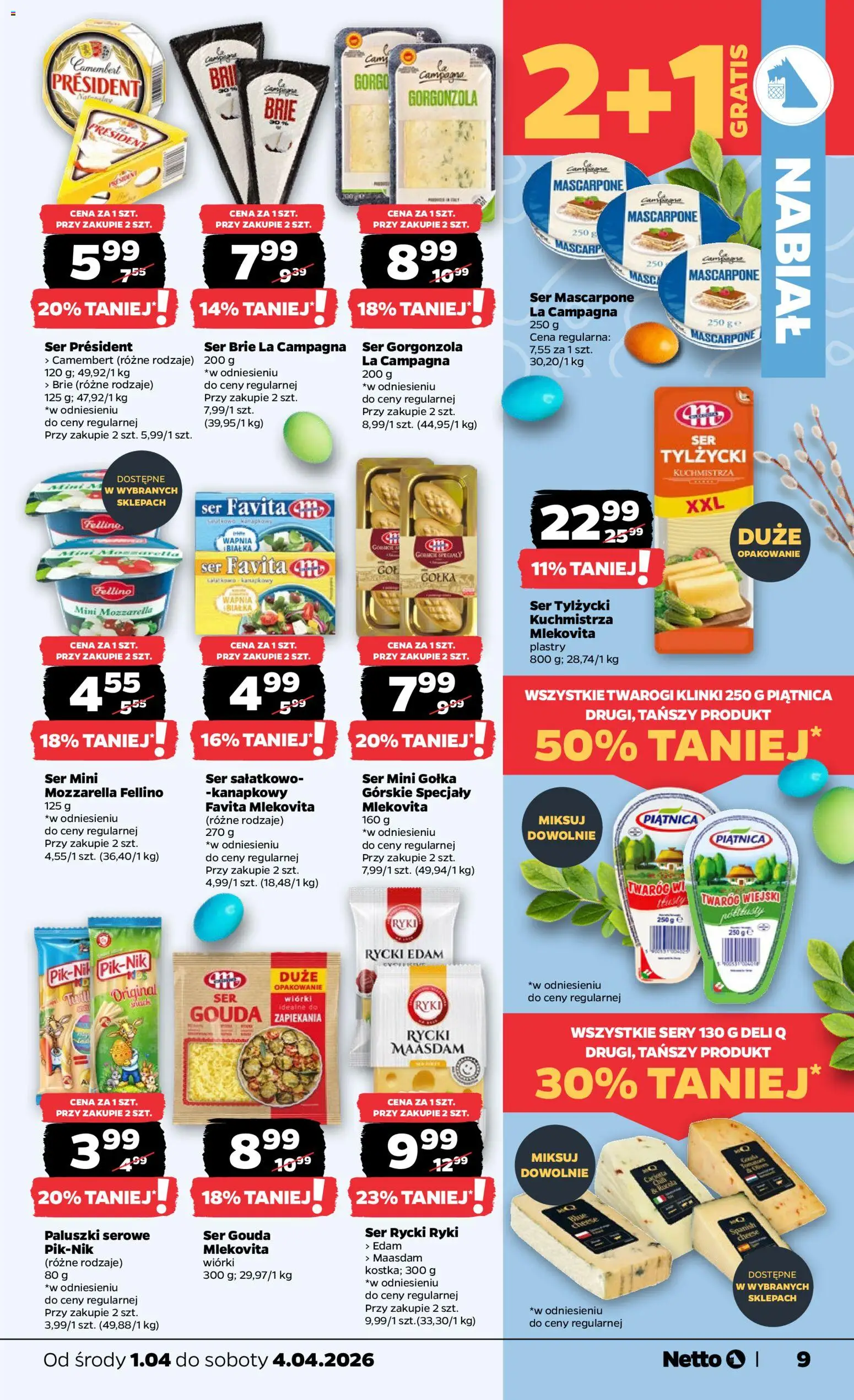 Netto gazetka od środy spożywcza od 01.04.2026 | Strona: 9 | Produkty: Sery, Ser gorgonzola, Twaróg, Ser gouda