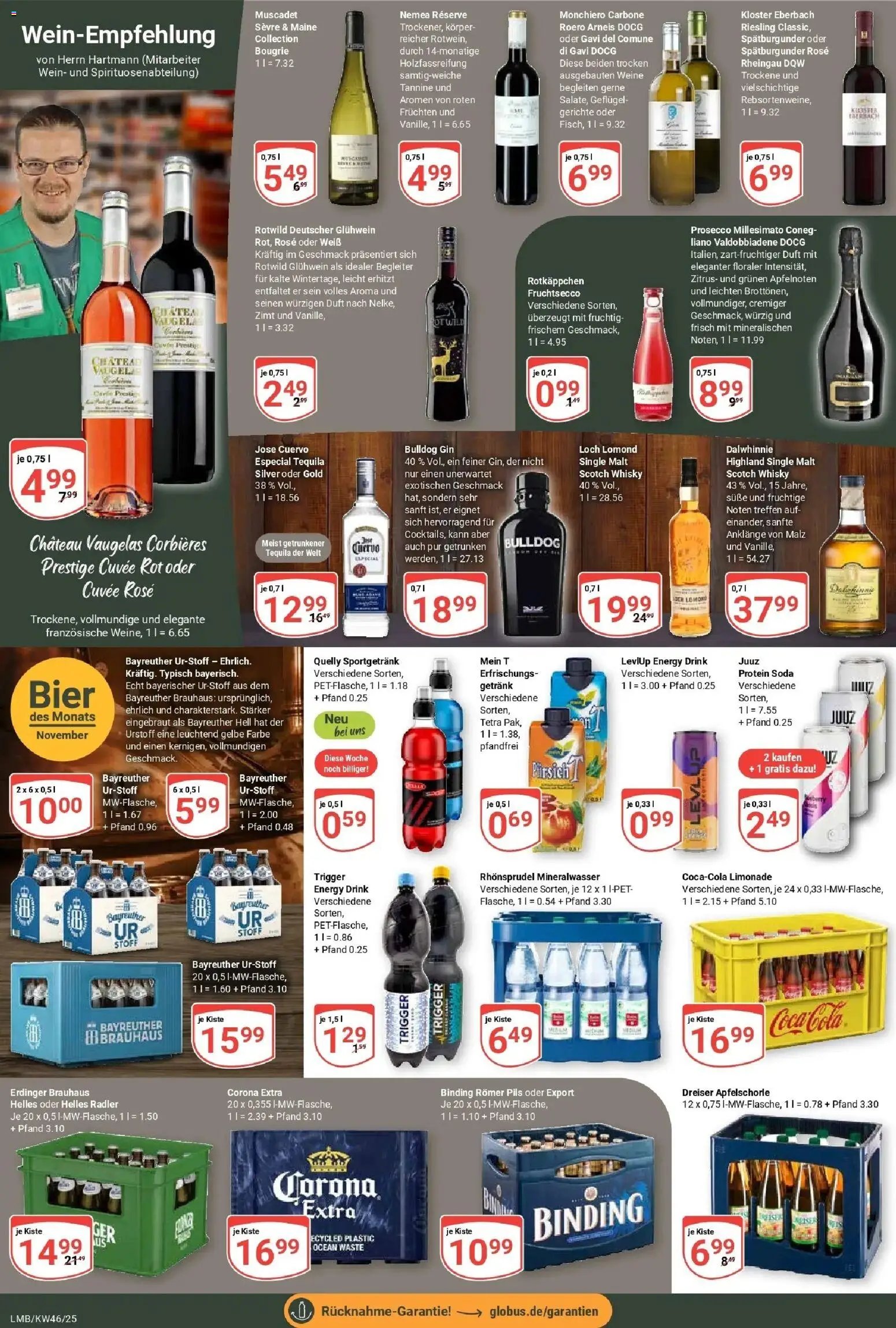 Globus prospekt Limburg	 – gültig ab 09.11.2025 | Seite: 18 | Produkte: Bayreuther hell, Prosecco, Radler, Wein