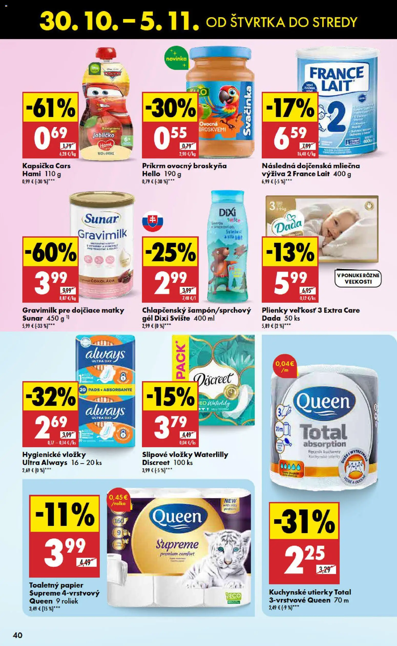 Nové Biedronka akcie – leták je platný od 30.10.2025 | Strana: 40 | Produkty: Toaletný papier, Sunar, Čokoláda, Plienky