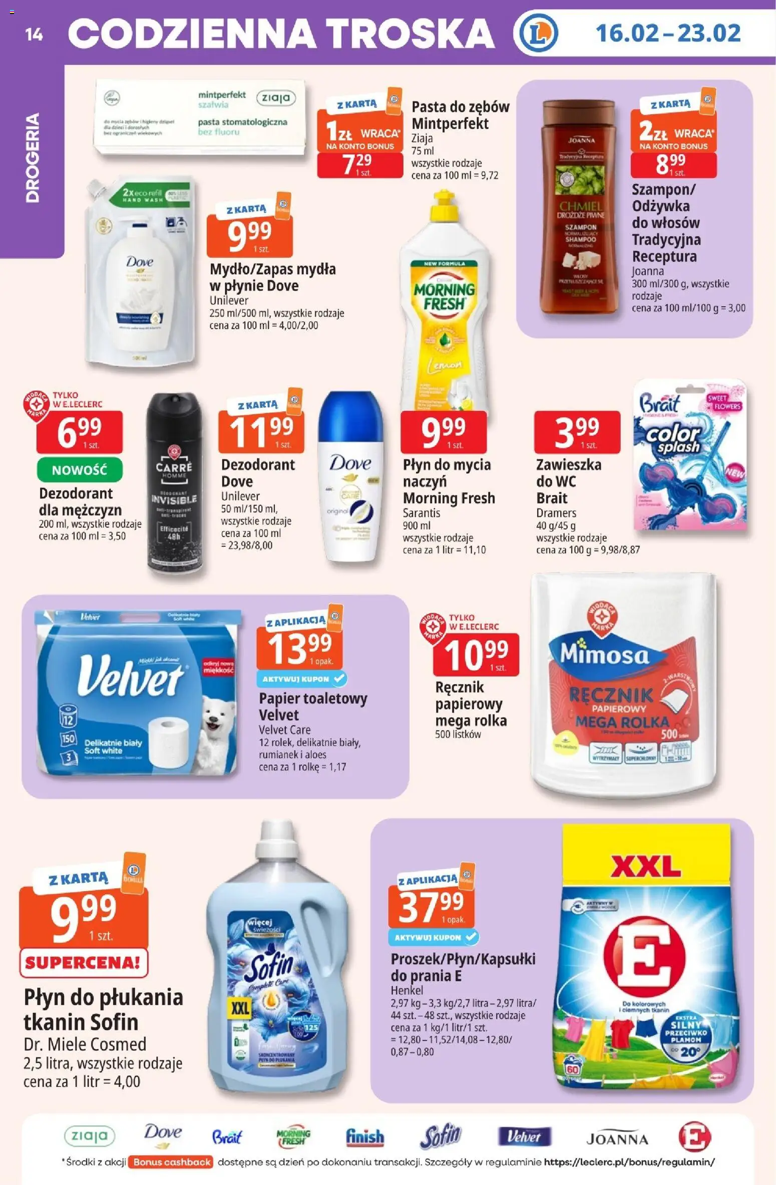 E.Leclerc Gazetka - Zielona Góra od 16.02.2026 | Strona: 14 | Produkty: Karta, Papier toaletowy, Dezodorant, Ręcznik papierowy