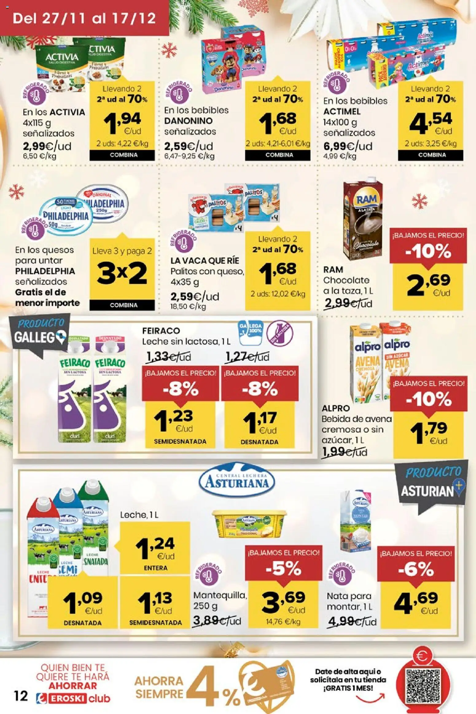 Eroski - Miramos por ti │ válido desde el 27.11.2025 | Página: 12 | Productos: Leche, Chocolate, Té, Bebida de avena