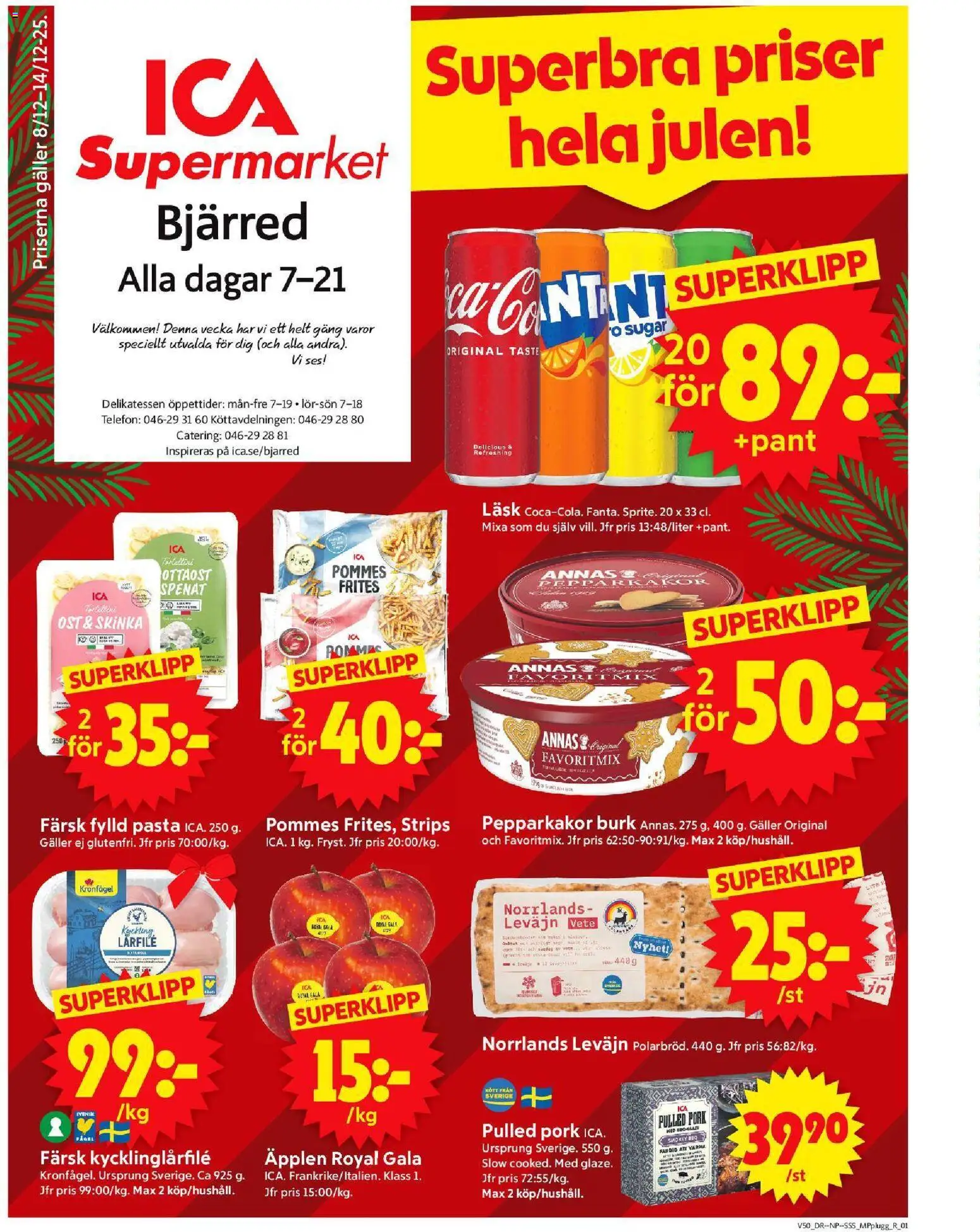 ICA Supermarket reklamblad aktuell från 08.12.2025 | Sida: 1 | Produkter: Spenat, Ost, Skinka, Äpplen