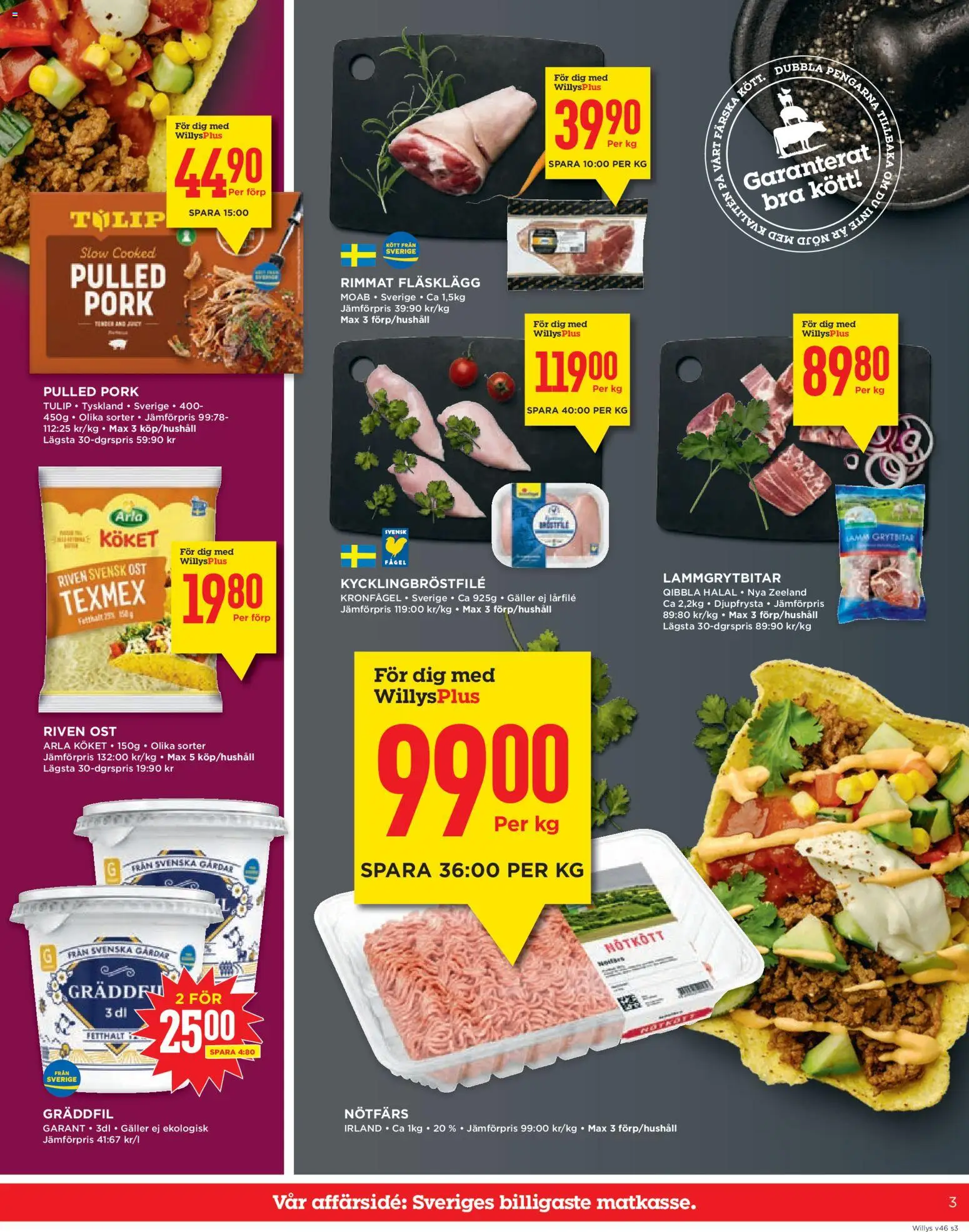 Willys reklamblad aktuell från 10.11.2025 | Sida: 3 | Produkter: Riven ost, Gräddfil, Nötkött, Grädde