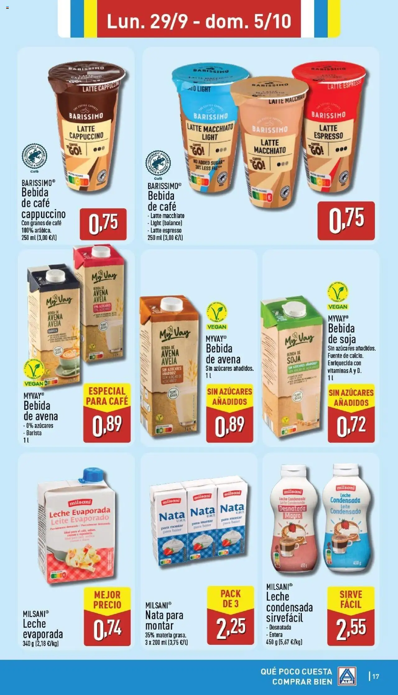 Aldi folleto Canarias │ válido desde el 29.09.2025 | Página: 17 | Productos: Leche, Café, Φαρίνα, Bebida de avena