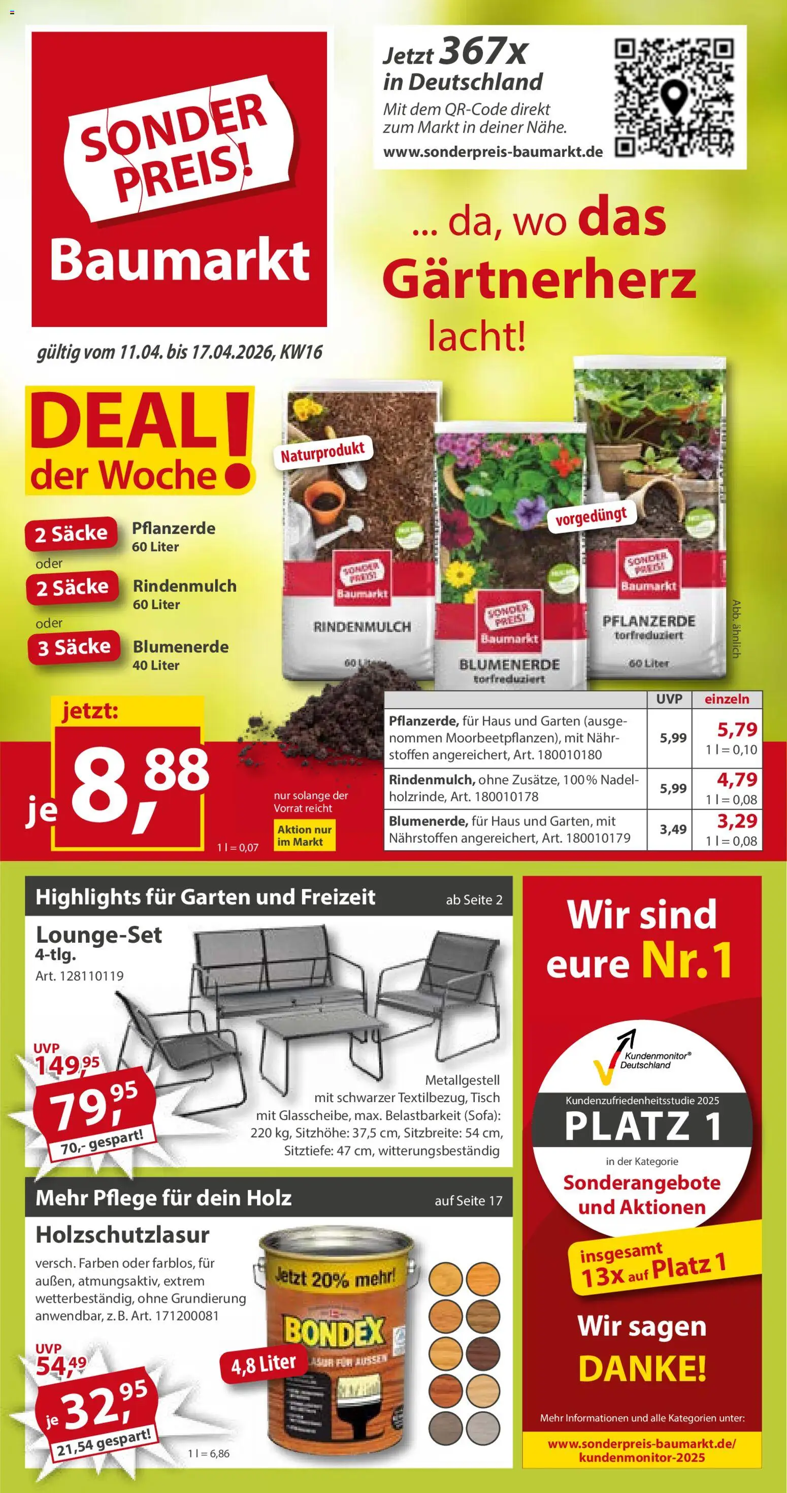 Sonderpreis Baumarkt Prospekt 	 – gültig ab 11.04.2026 | Seite: 1 | Produkte: Rindenmulch, Pflanzerde, Tisch, Blumenerde