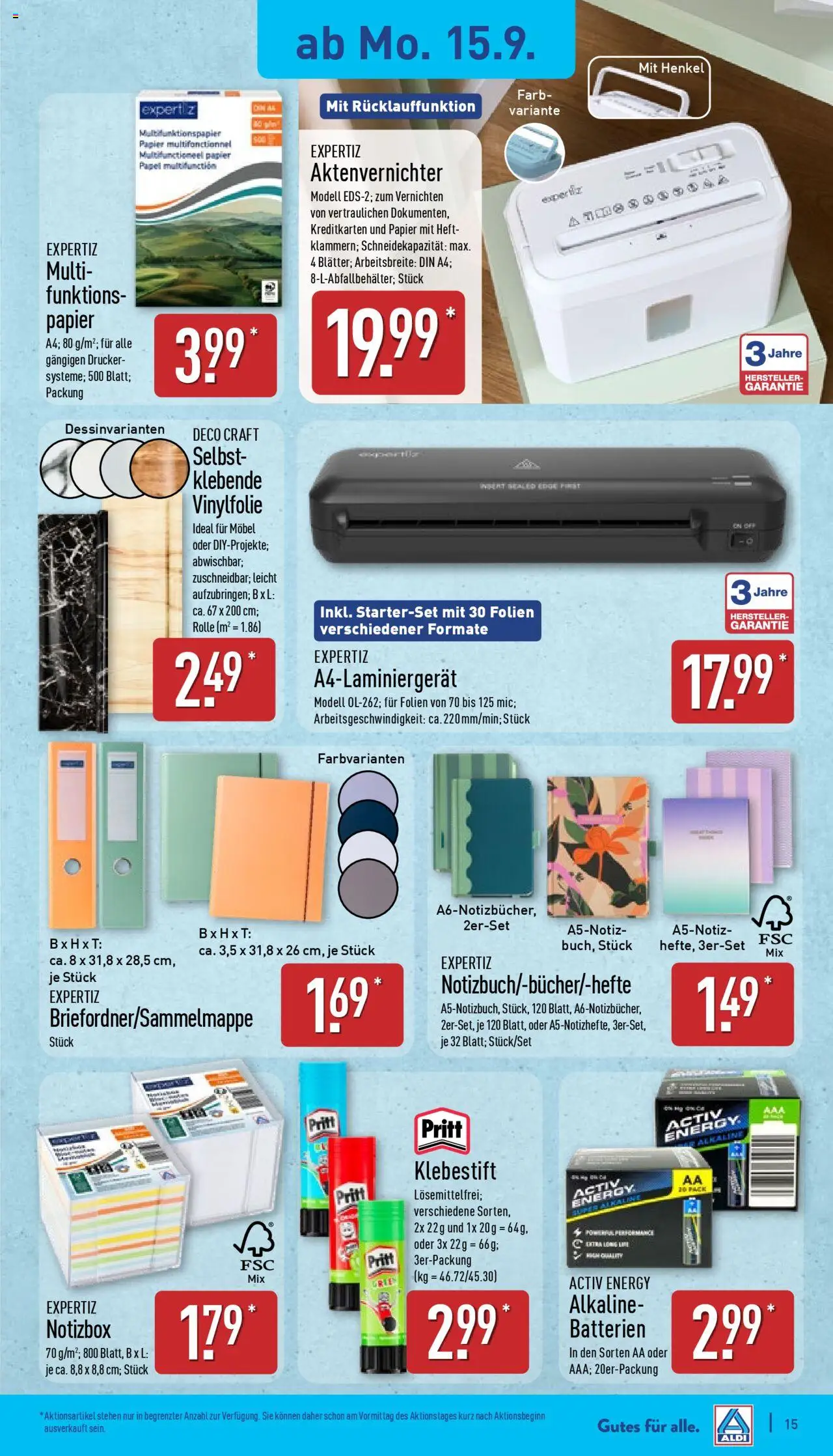 Aldi Prospekt 	 – gültig ab 15.09.2025 | Seite: 15 | Produkte: Aktenvernichter, Batterien, Energy, Drucker