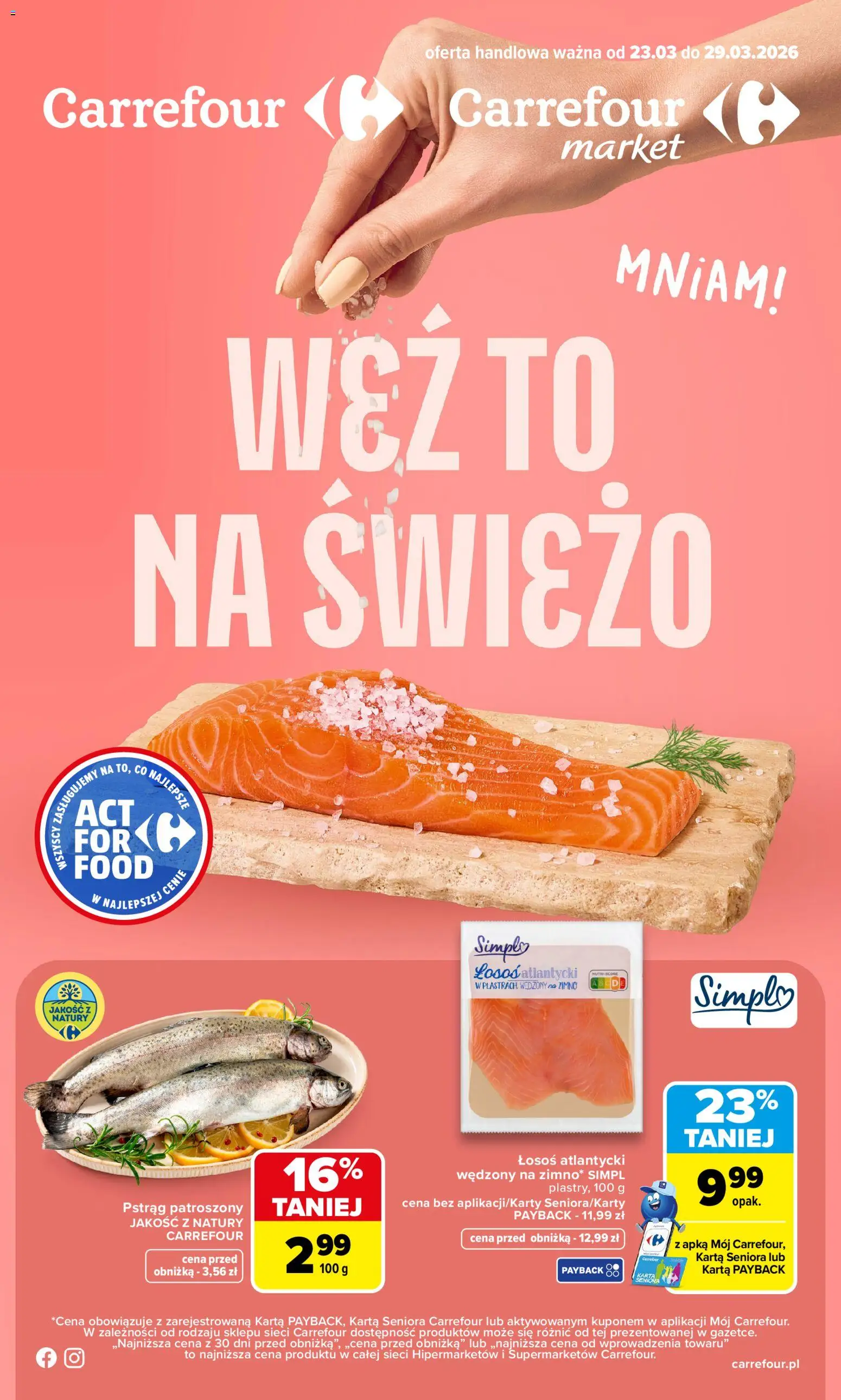Carrefour gazetka - Weź to na świeżo od 23.03.2026 | Strona: 1 | Produkty: Karta, Łosoś atlantycki, Pstrąg, Łosoś