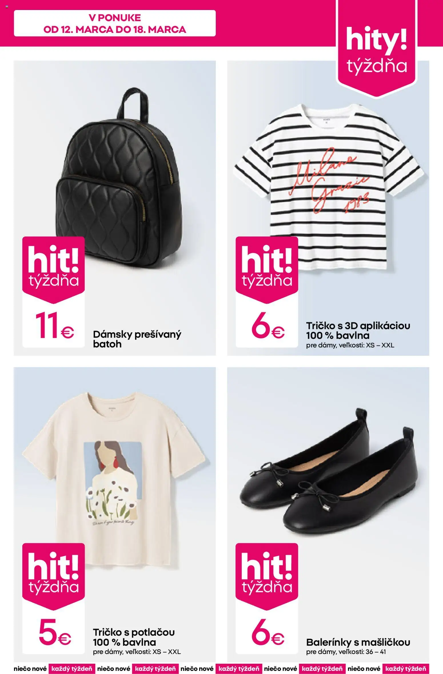 Nové Pepco akcie – leták je platný od 12.03.2026 | Strana: 5 | Produkty: Tričko, Balerínky, Batoh