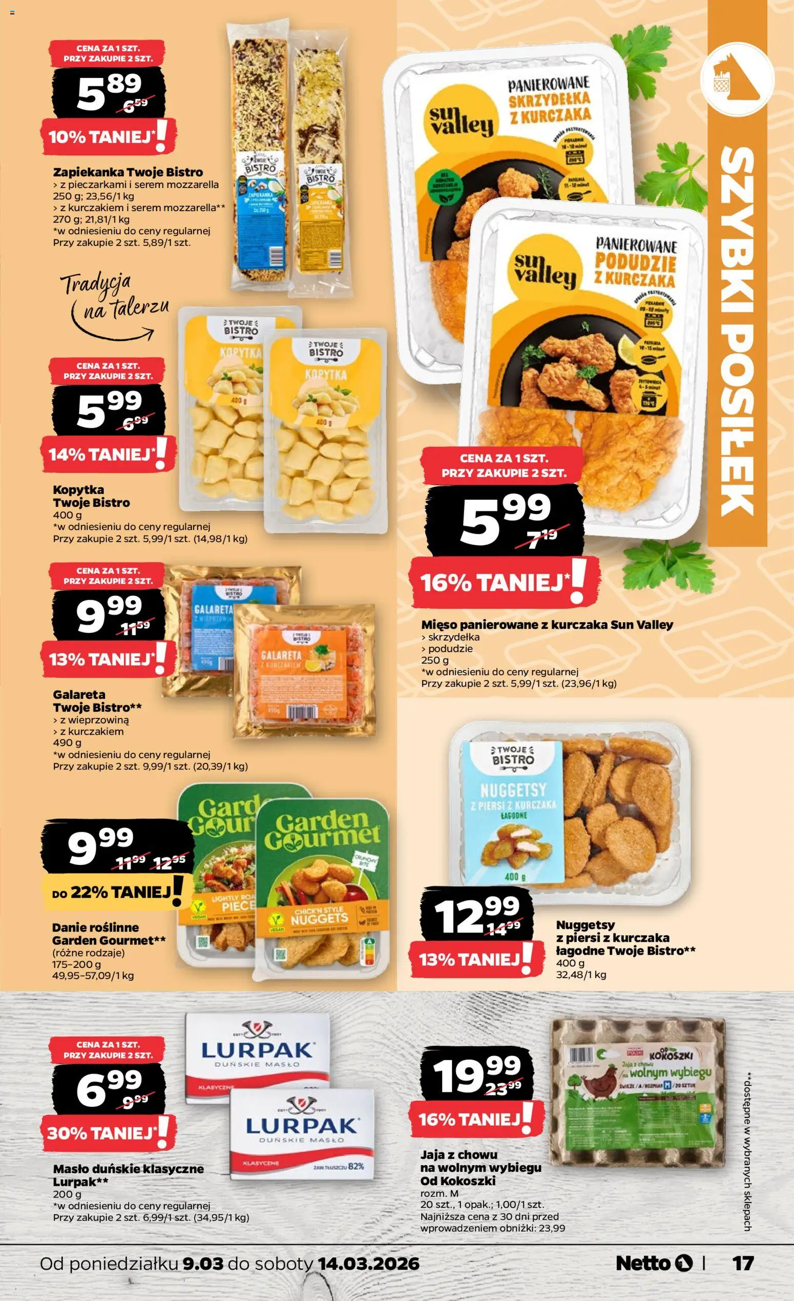 Netto gazetka od poniedziałku spożywcza od 09.03.2026 | Strona: 17 | Produkty: Skrzydełka z kurczaka, Mięso, Mozzarella, Jaja