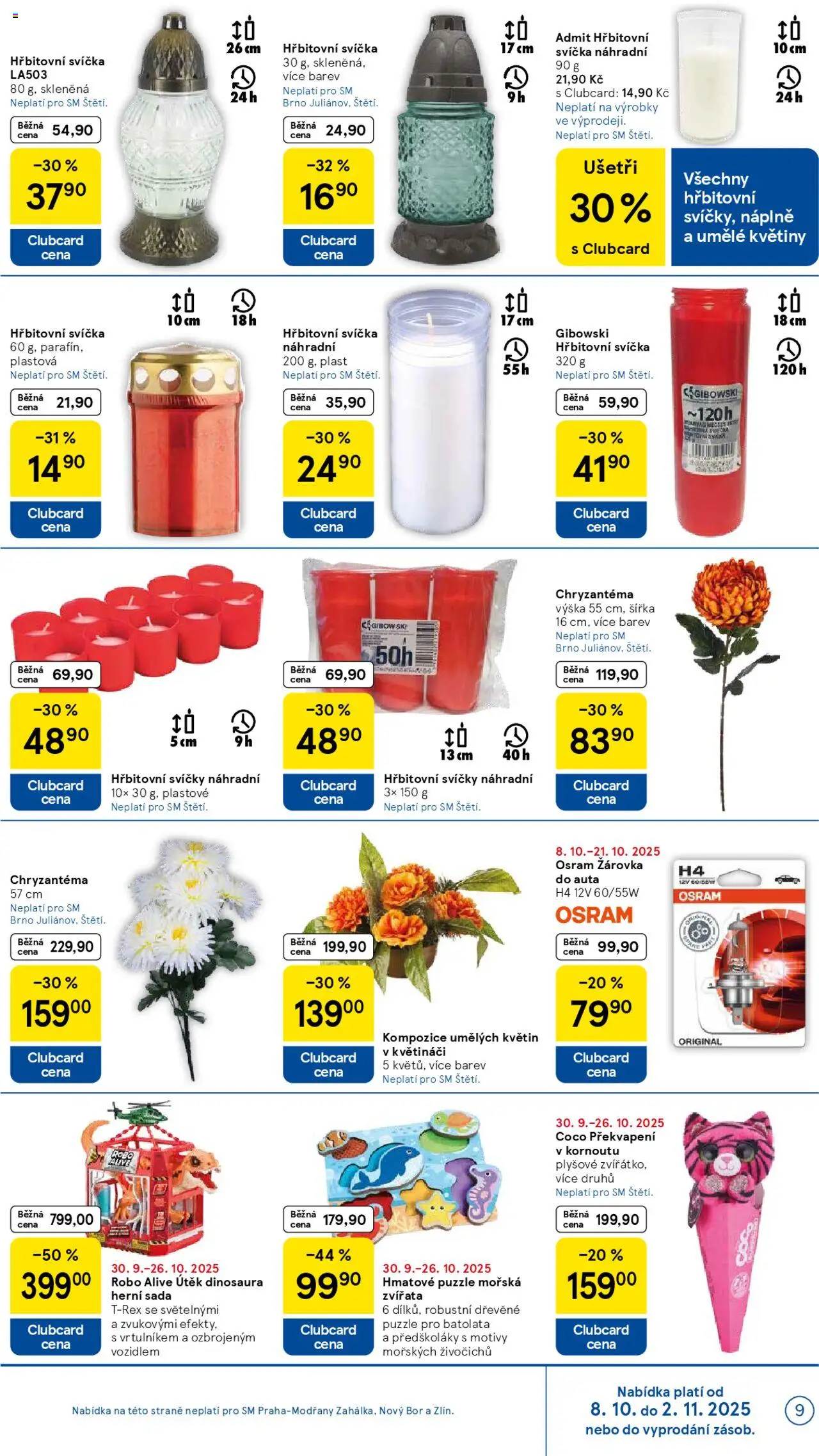 Tesco leták - Supermarket od 08.10.2025 | Strana: 9 | Produkty: Hřbitovní svíčky, Svíčka, Svíčky, Květiny