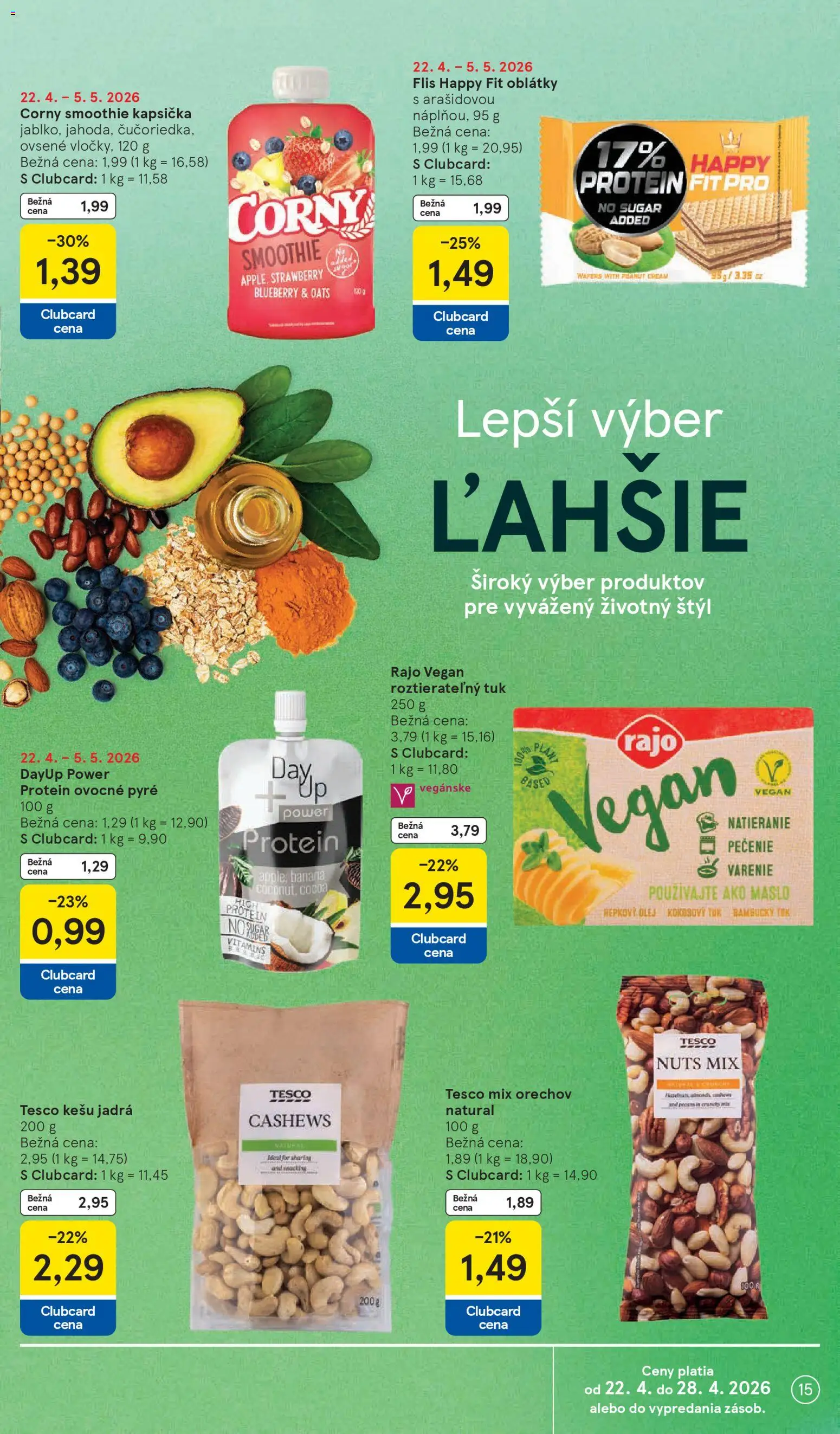 Nové Tesco akcie – leták je platný od 22.04.2026 | Strana: 15 | Produkty: Maslo, Olej, Protein, Repkový olej