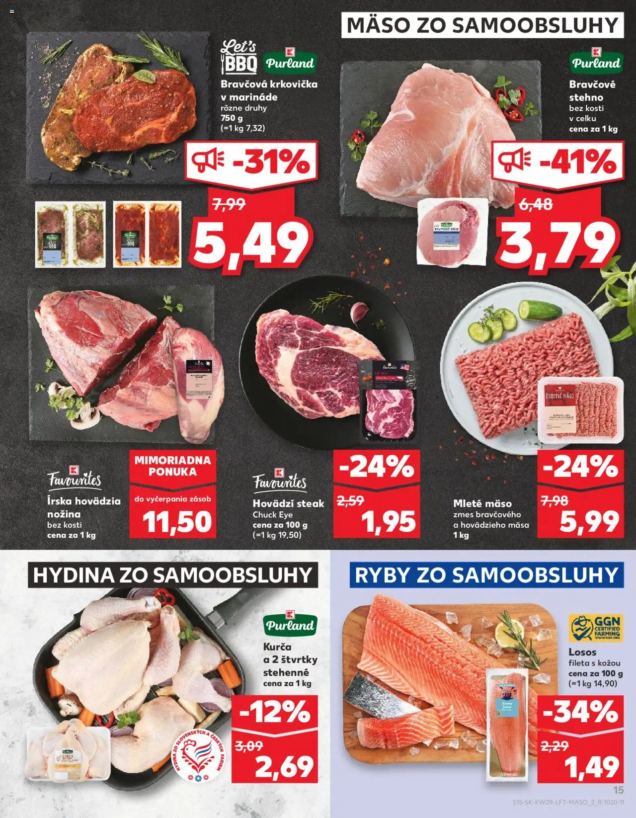 Nové Kaufland akcie – leták je platný od 17.07.2025 | Strana: 15 | Produkty: Ryby, Bravčová krkovička, Mleté mäso, Kurča