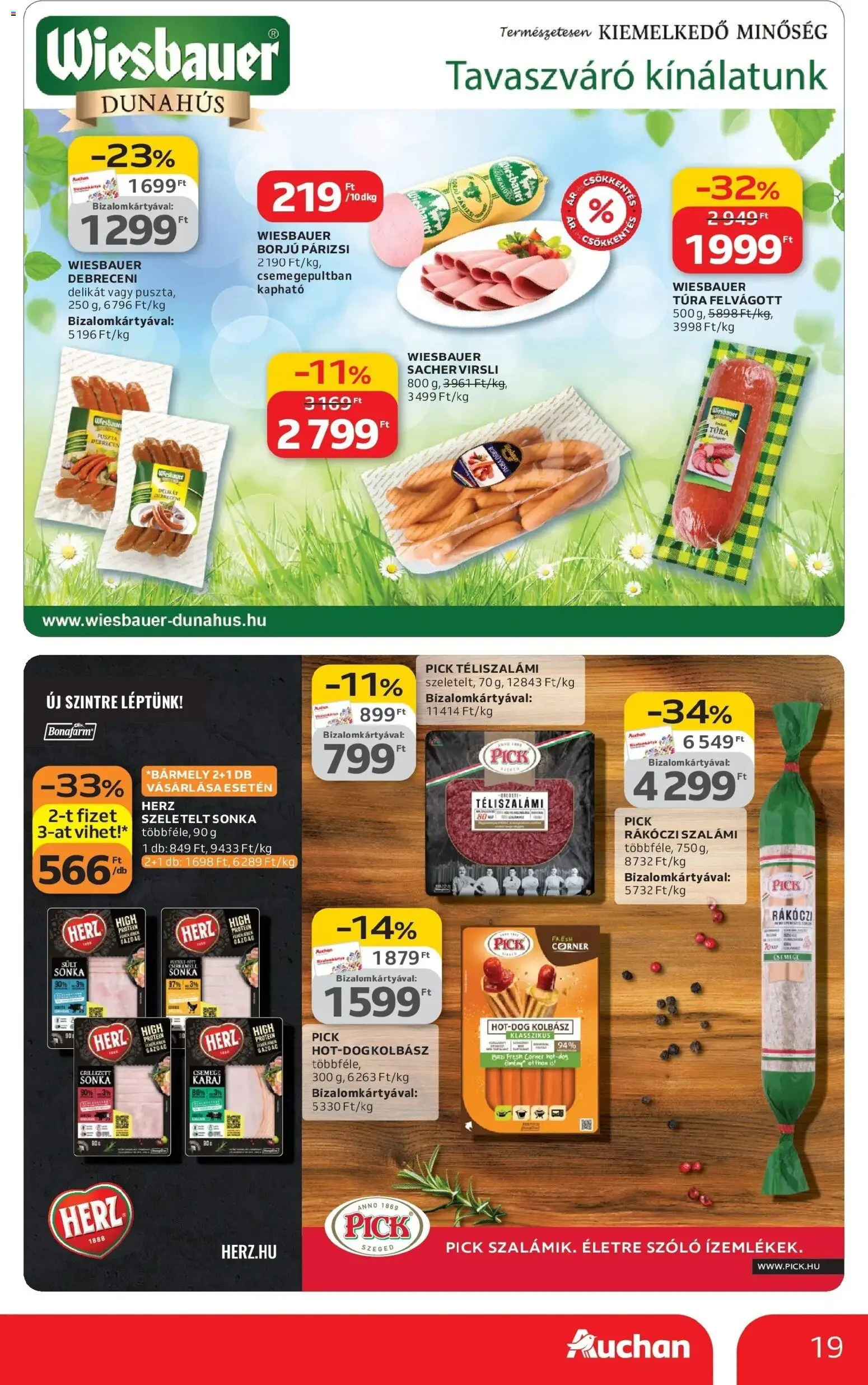 Auchan akciós ujság - amely érvényes a következő dátumtól: 12.03.2026 | Oldal: 19 | Termékek: Pick téliszalámi, Rákóczi szalámi, Sonka, Karaj