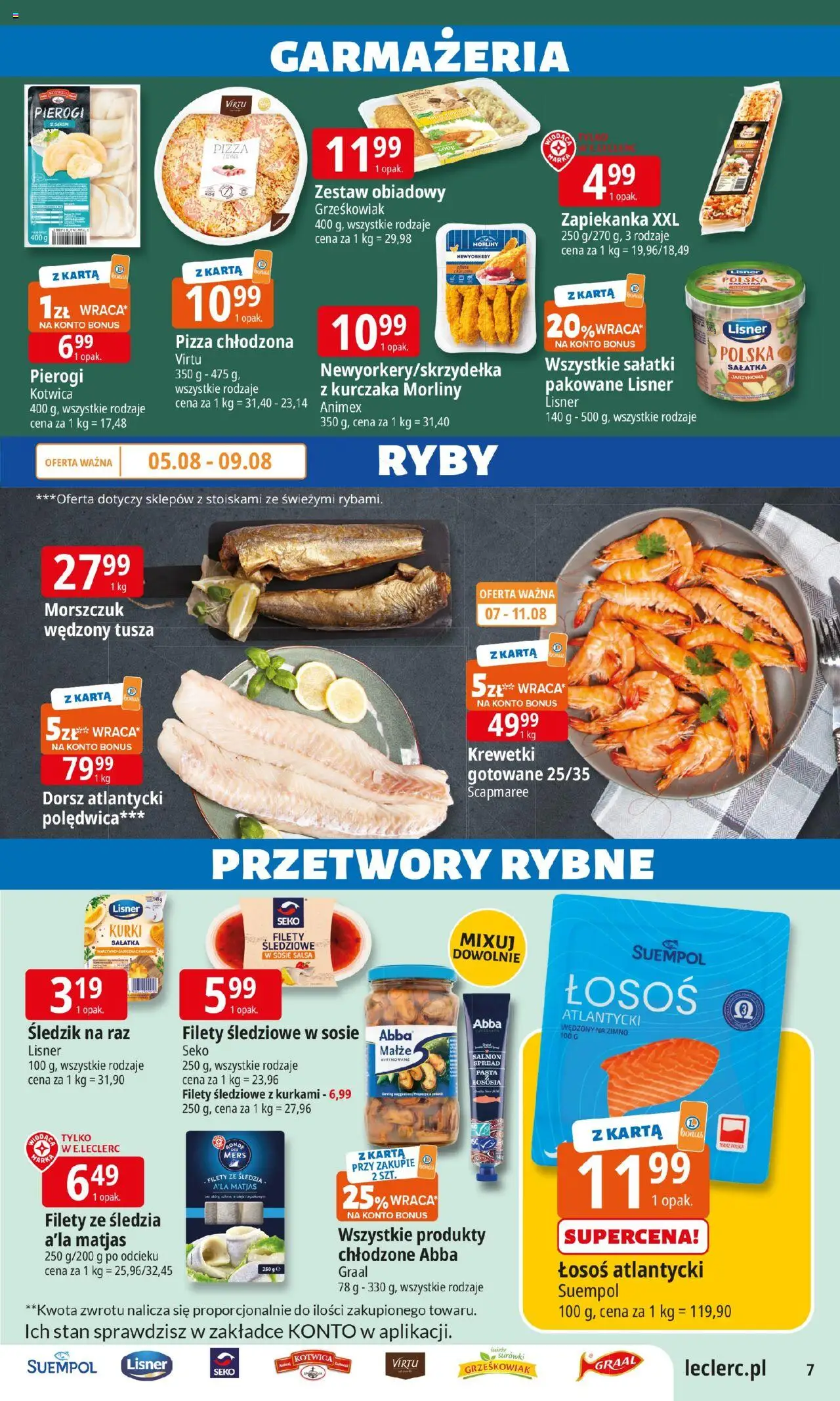 E.Leclerc Gazetka - Tychy od 05.08.2025 | Strona: 7 | Produkty: Pierogi, Krewetki, Dorsz, Krewetki gotowane