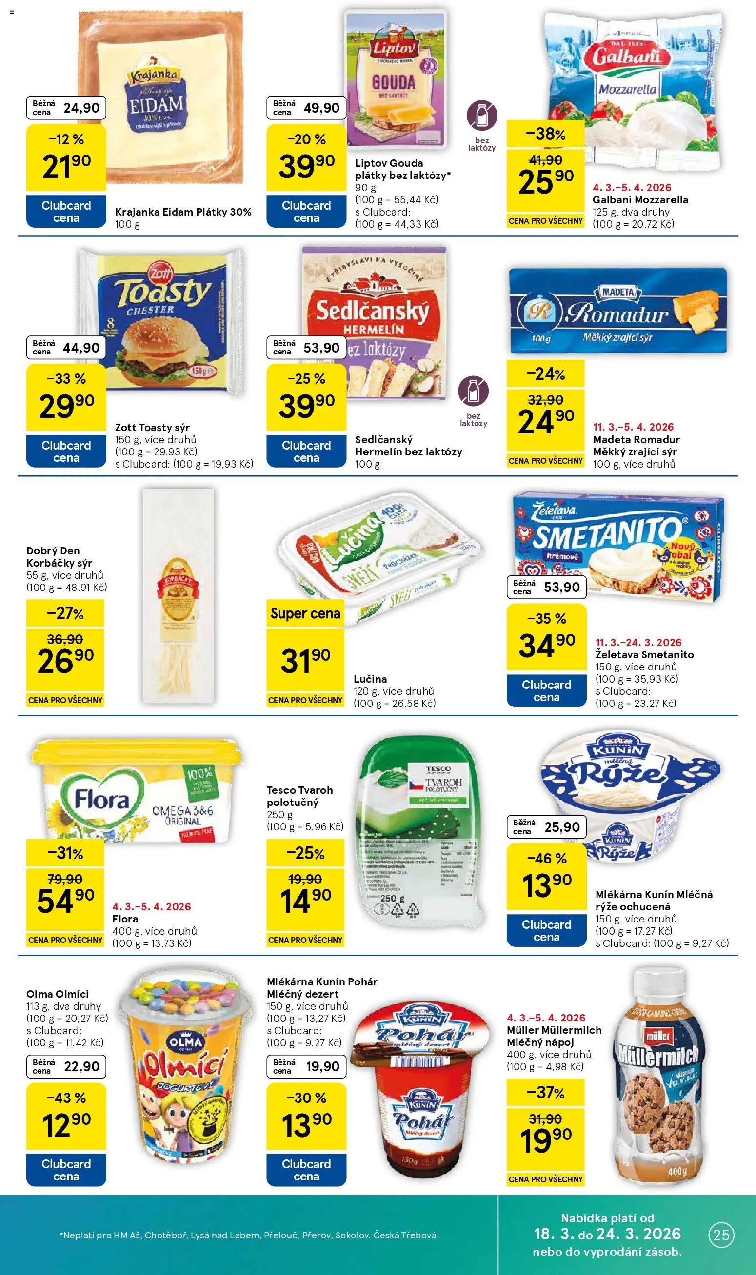 Tesco leták - Hypermarket od 18.03.2026 | Strana: 25 | Produkty: Sedlčanský Hermelín, Sýr, Mléčná rýže, Flora