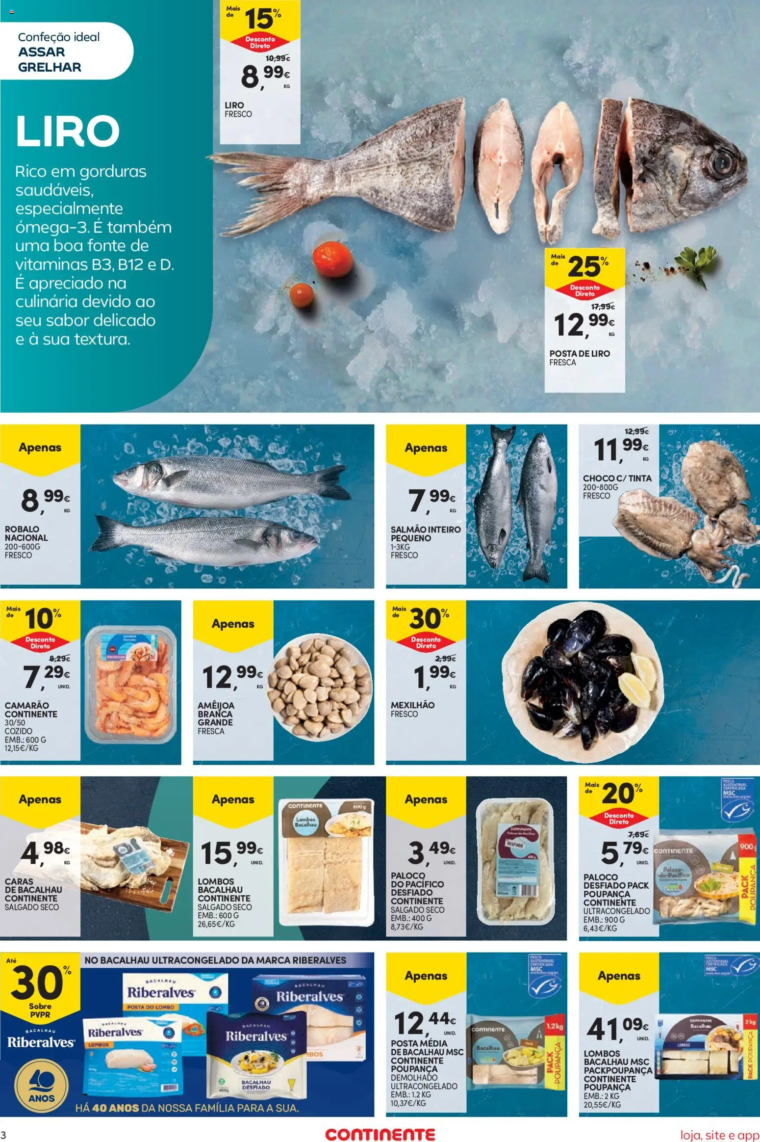 Continente Semanal Continente Bom Dia │ válido de 25.11.2025 | Página: 3 | Produtos: Bacalhau, Camarão, Salmão, Lombo
