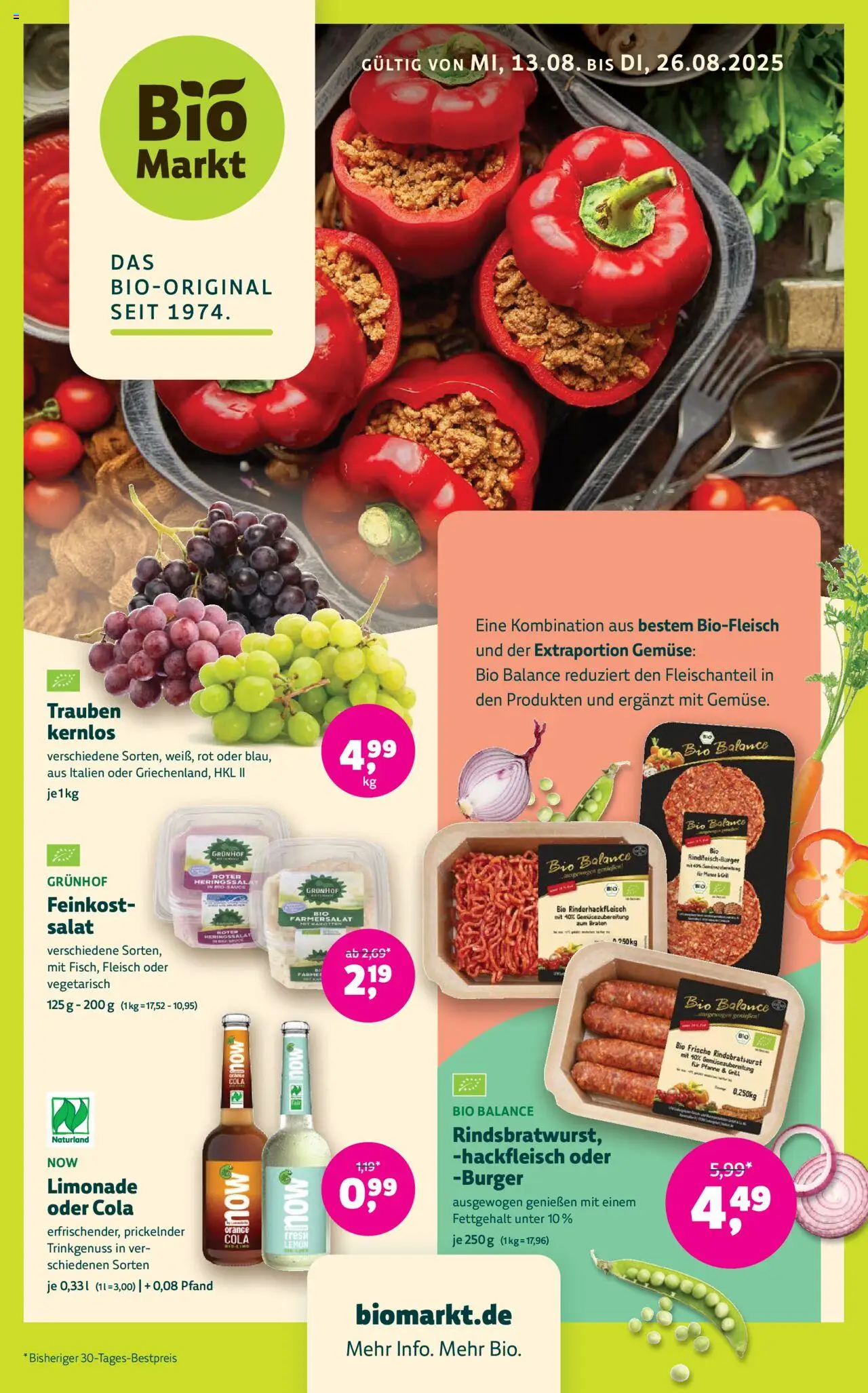 BioMarkt Prospekt - gültig ab dem 13.08.2025 | Seite: 1 | Produkte: Trauben, Limonade, Fleisch, Hackfleisch