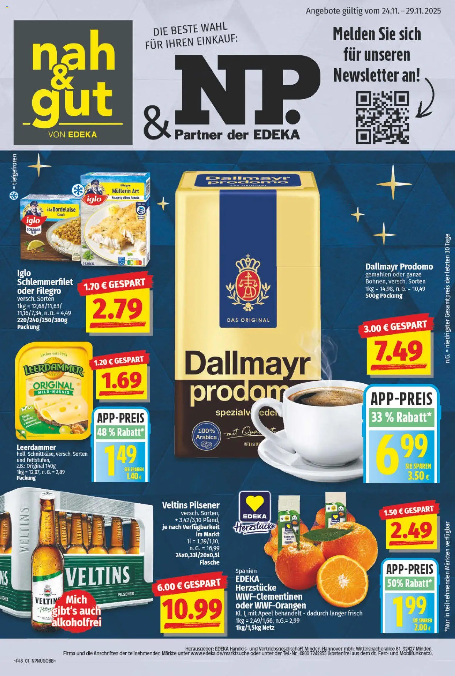 NP Discount Prospekt 	 – gültig ab 24.11.2025 | Seite: 1 | Produkte: Leerdammer, Dallmayr, Dallmayr prodomo, Veltins