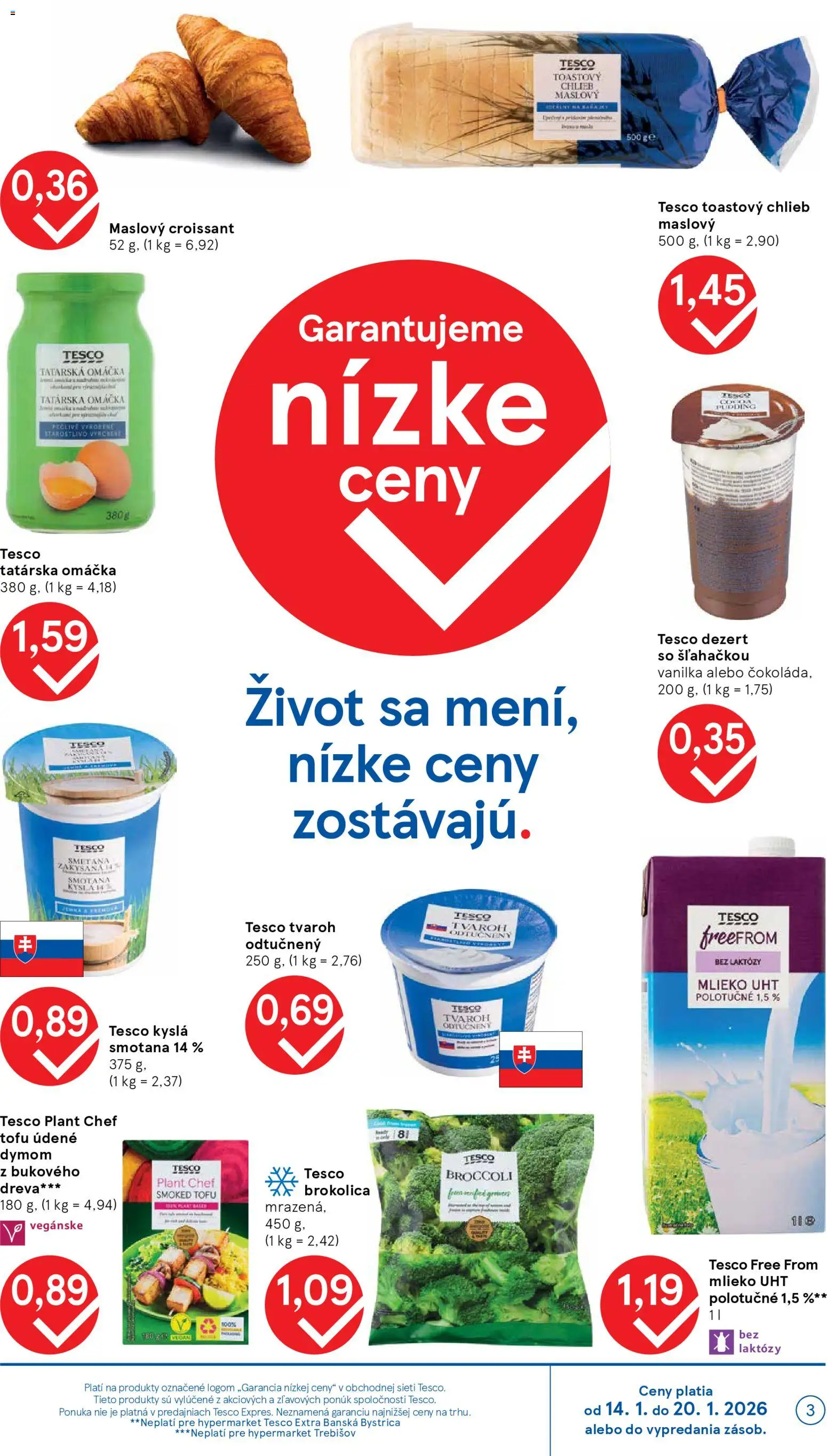 Nové Tesco akcie – leták je platný od 14.01.2026 | Strana: 3 | Produkty: Mlieko, Chlieb, Croissant, Tvaroh