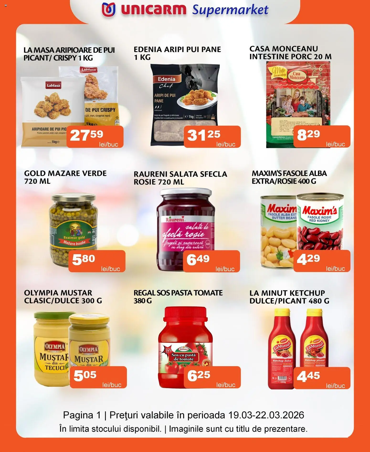 Noul catalog Unicarm – valabil de la 19.03.2026 | Pagină: 1 | Produse: Mazăre, Masă, Muștar, Sos